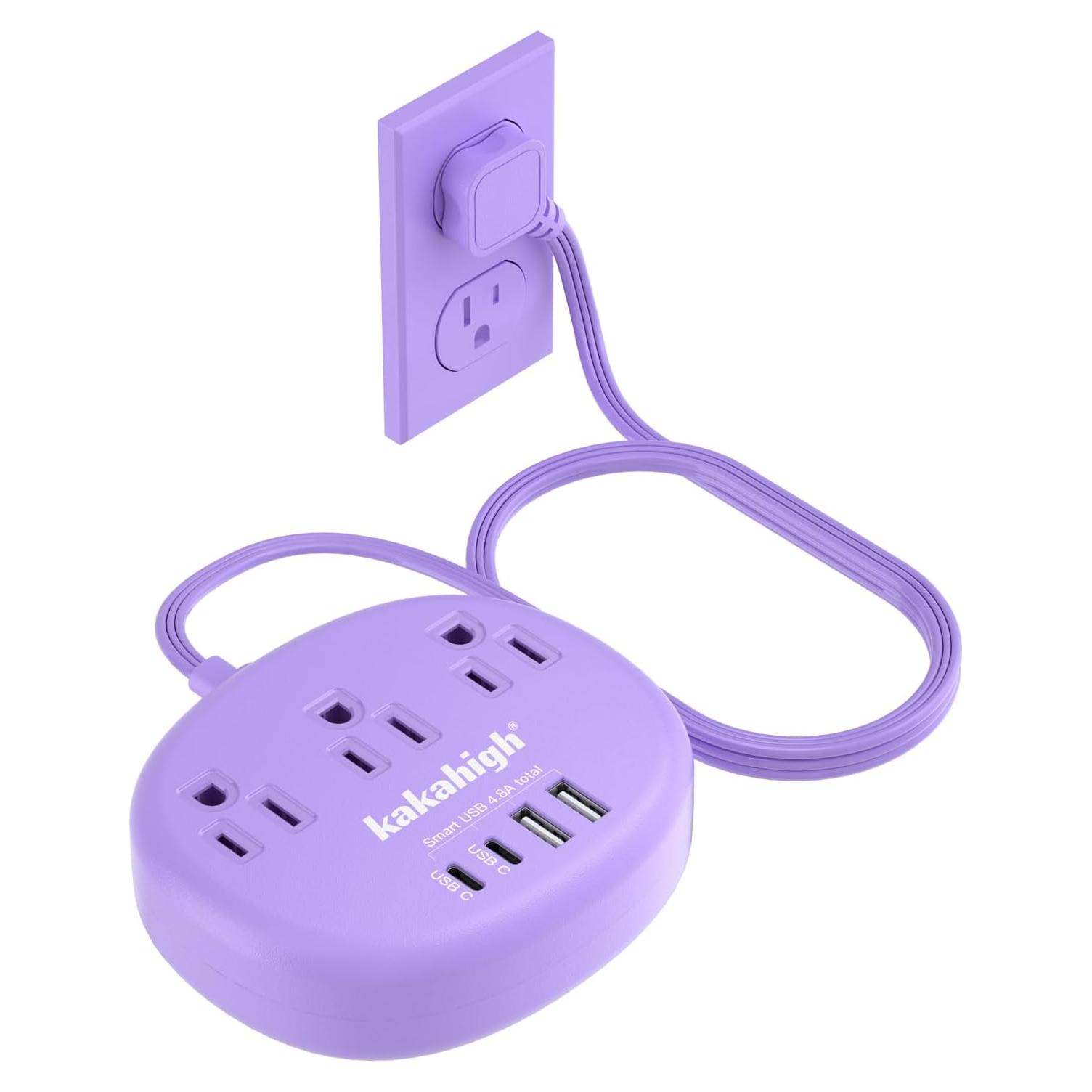 Cable de Extensión Kakahigh 1.52m Morado 3 Tomacorrientes 4 USB