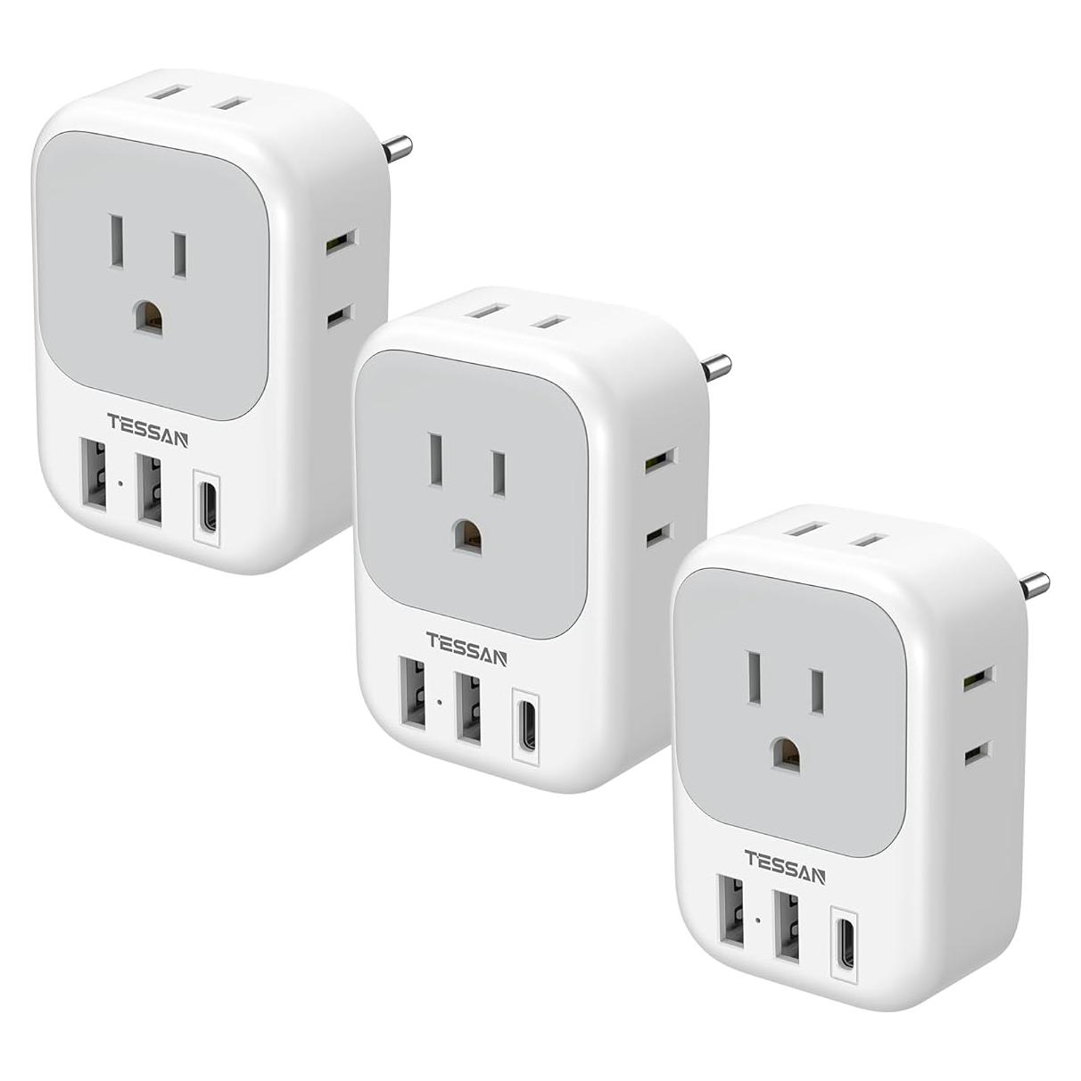 Adaptador de Enchufe de Viaje TESSAN Tipo C 3 Pack 4 Salidas CA USB