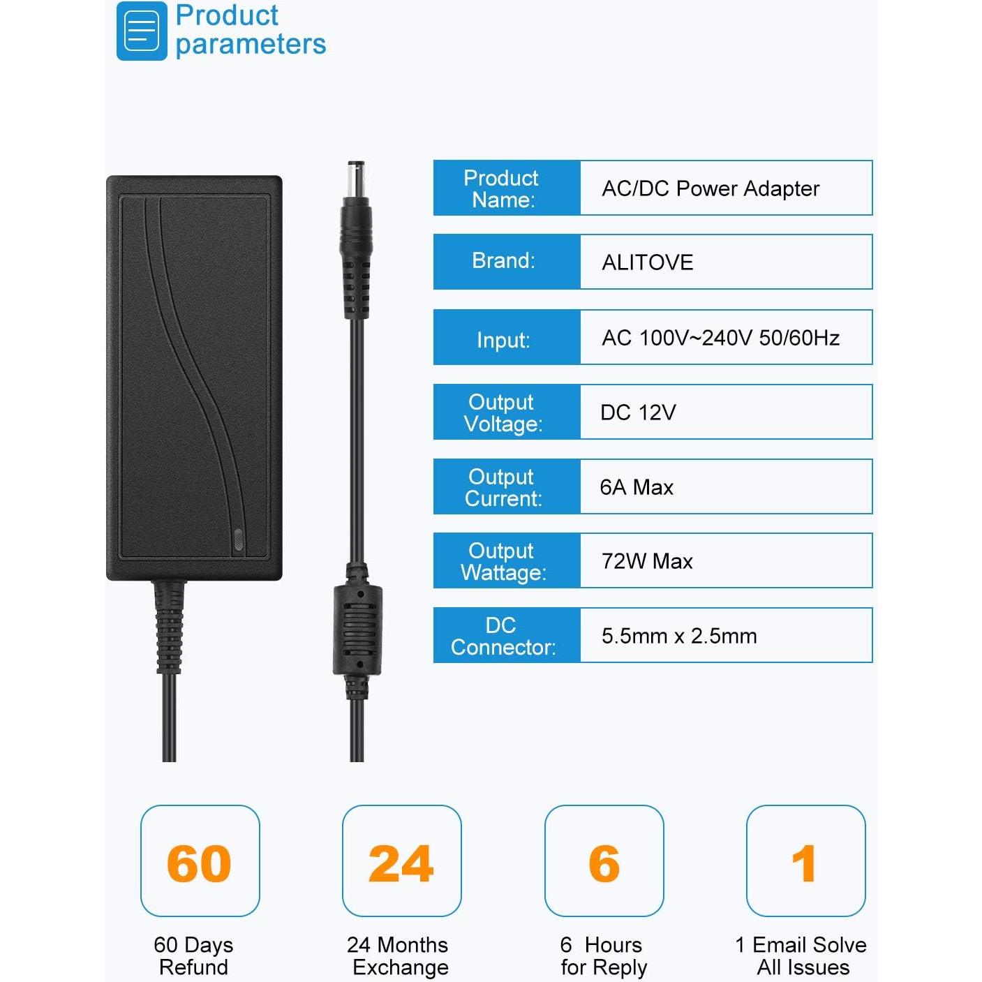 Fuente de Poder 12V 6A ALITOVE Adaptador AC a DC 72W