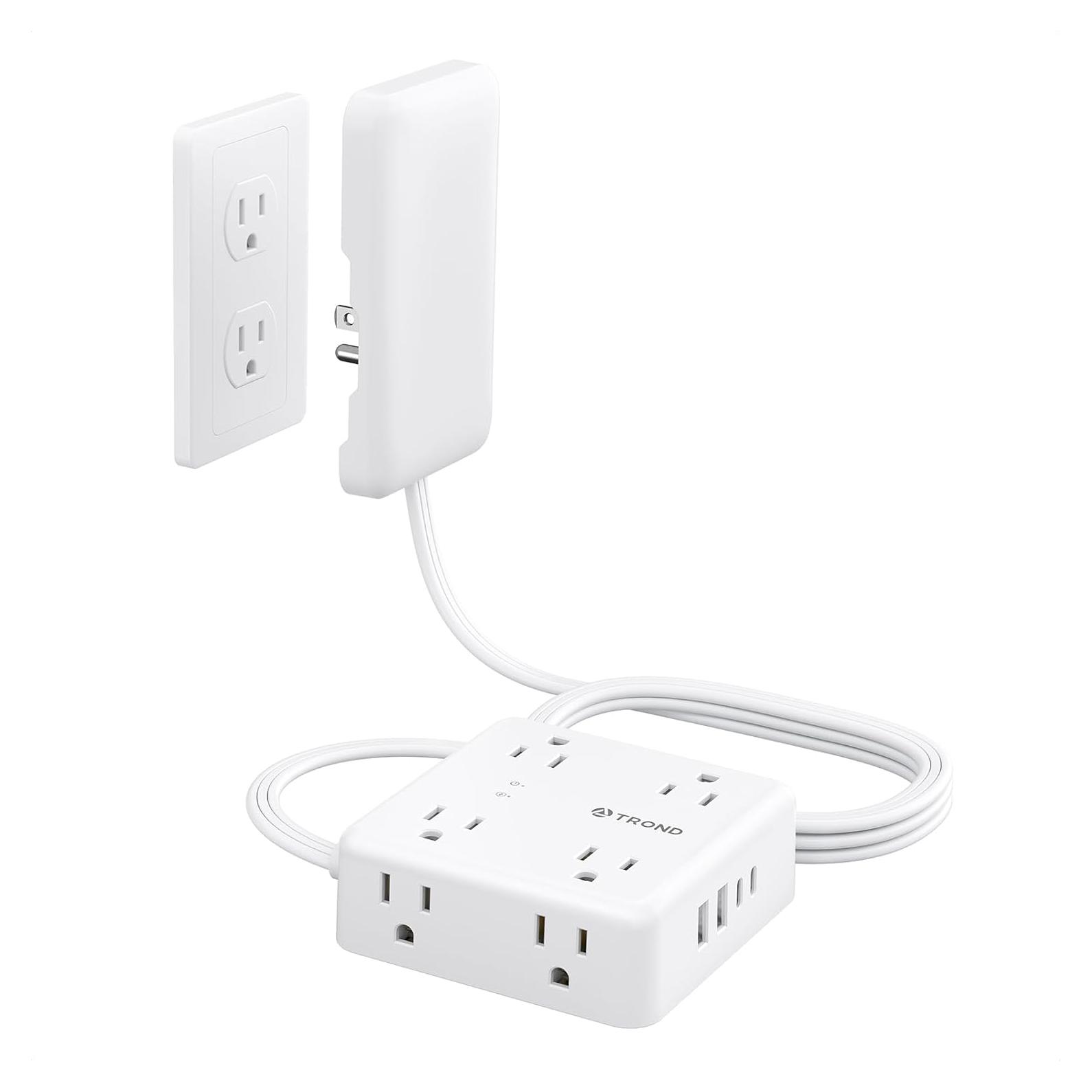 Extensor de Enchufe Plano TROND 6FT 8 Salidas 4 USB Protección 1700J