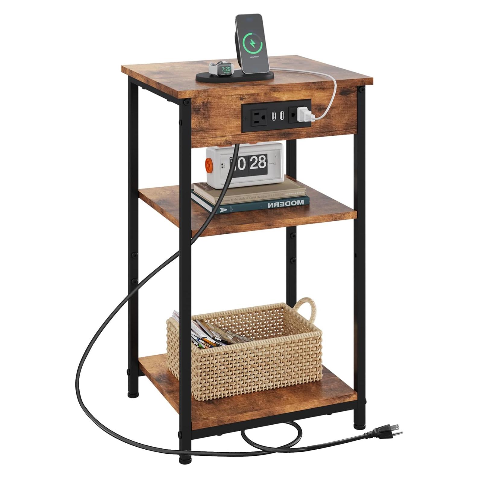 Mesa Lateral WLIVE con Estación de Carga 3 Estantes Marrón