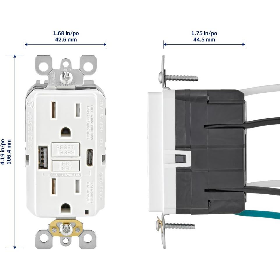 Cargador USB In-Wall GFCI Leviton 15A Blanco GUAC1-W