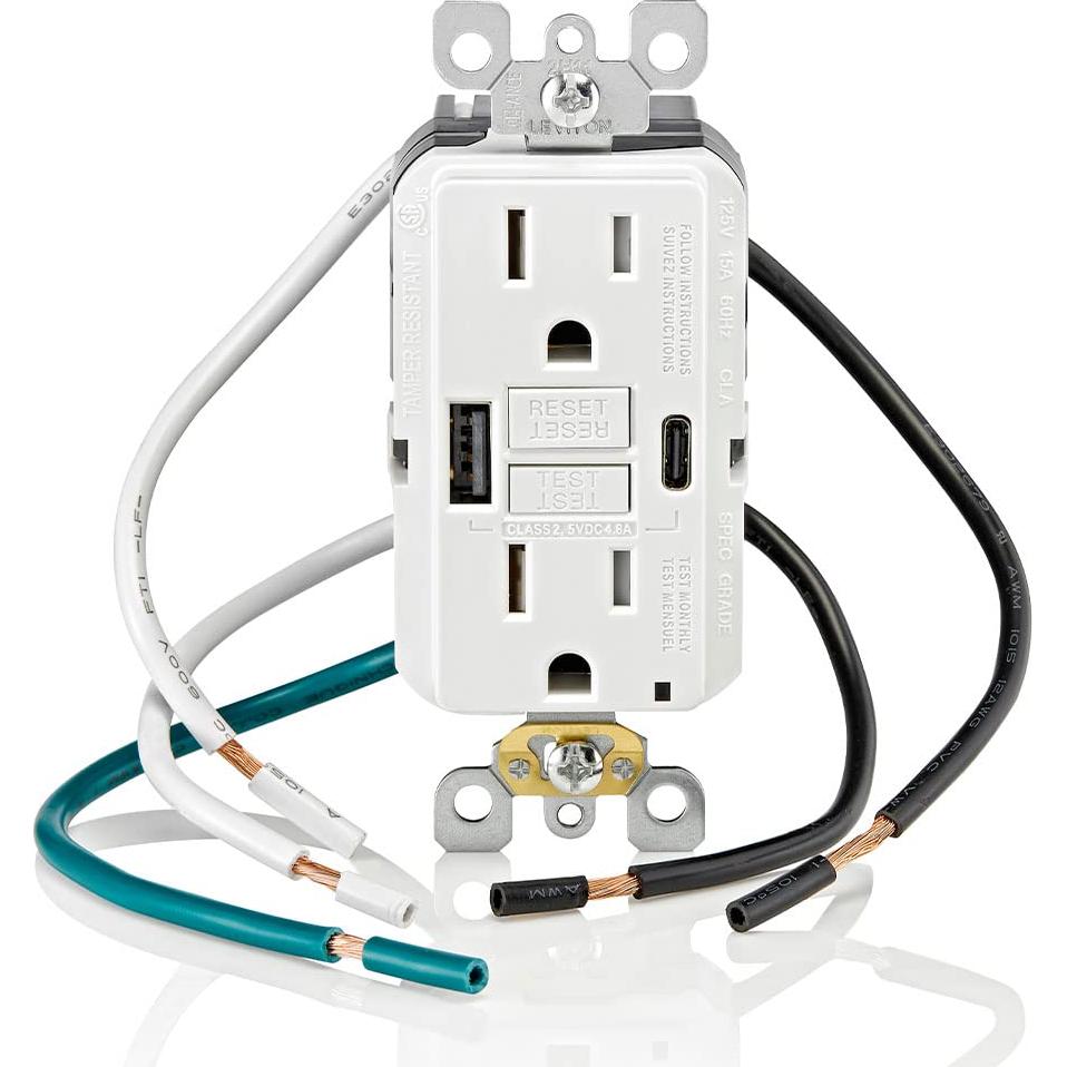 Cargador USB In-Wall GFCI Leviton 15A Blanco GUAC1-W