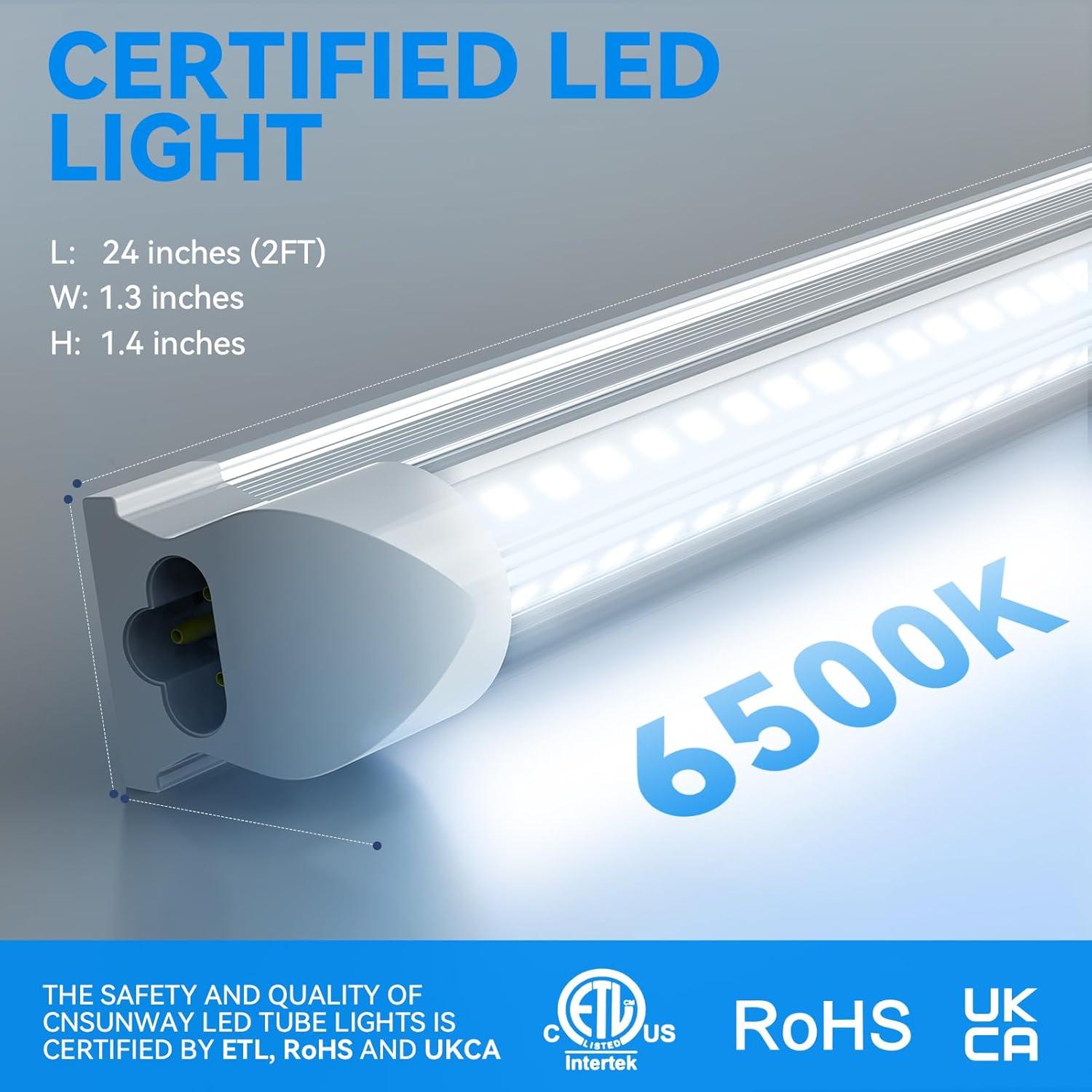 Luz LED T8 CNSUNWAY 2FT 20W 3000LM 6500K Enlazable - 2 Paquete