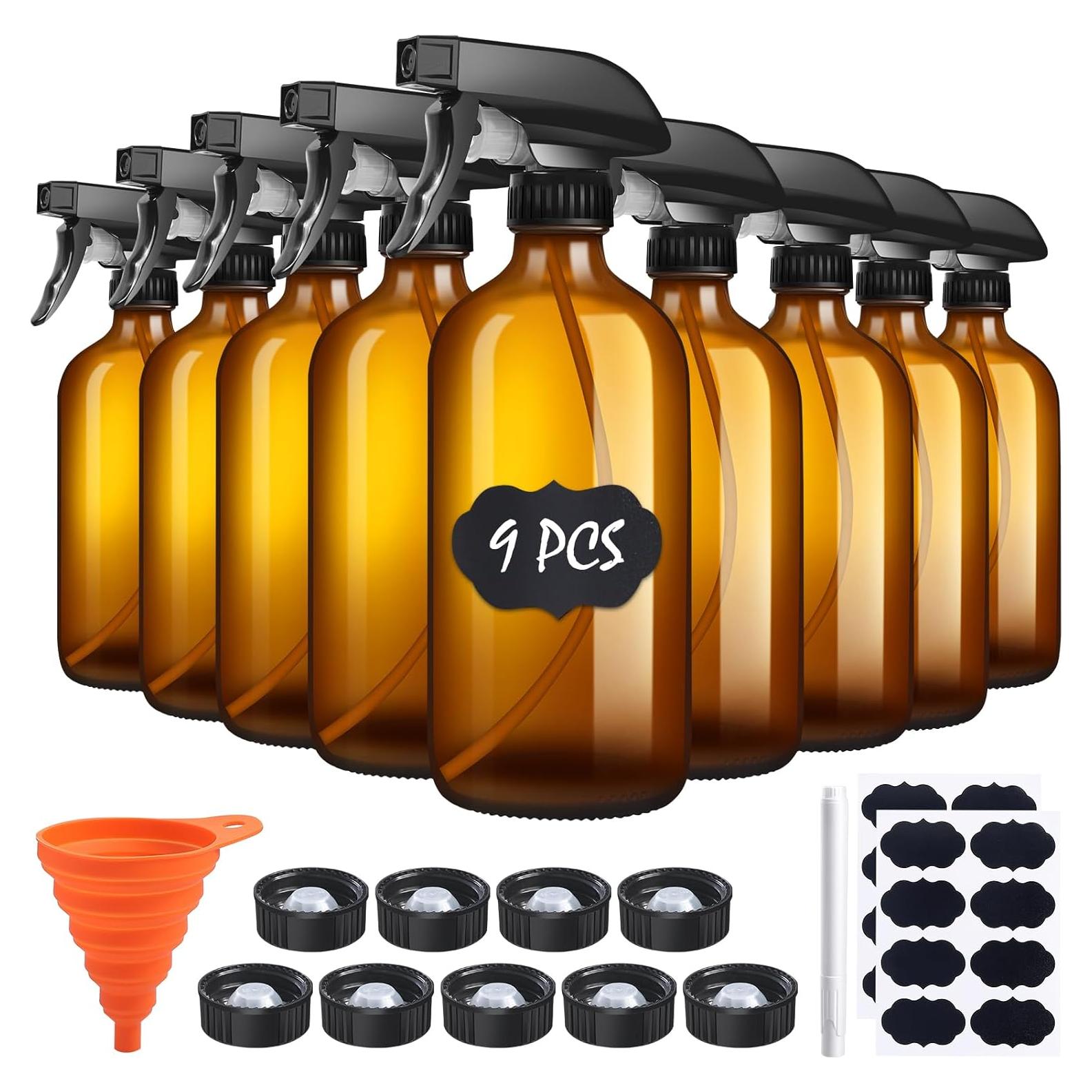 Paquete de 9 Botellas de Spray de Vidrio Ámbar 473ml
