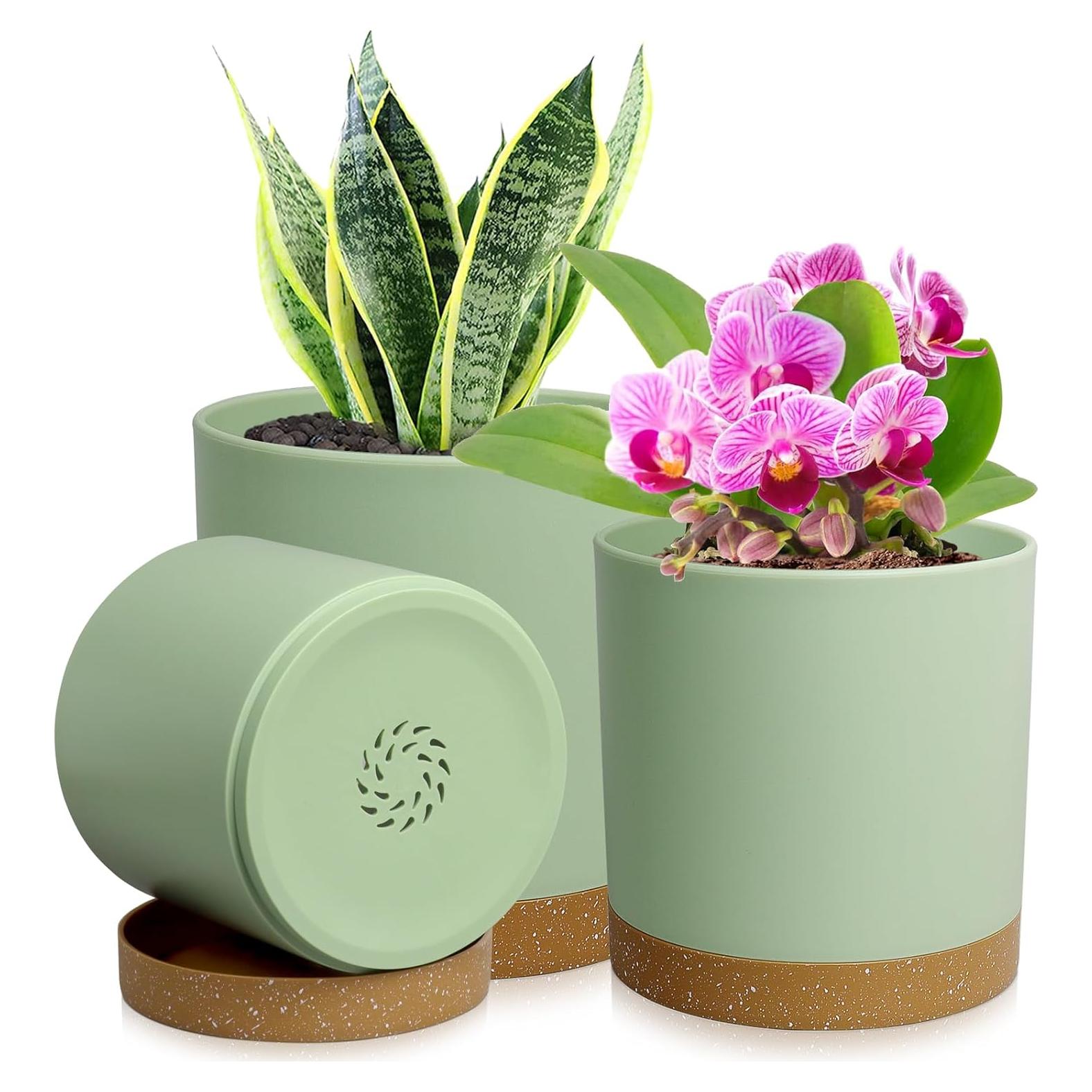 Conjunto de 3 Macetas Cilíndricas WSMKSZ 10-15 cm Verde Marrón