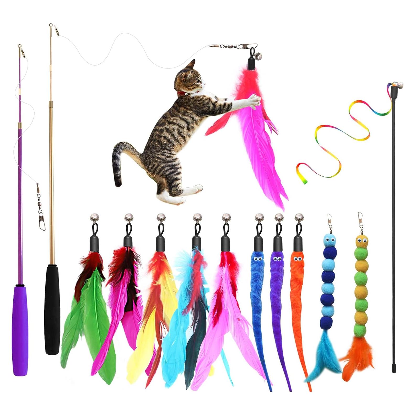 Juguetes Interactivos para Gatos Atosun - 2 Varitas Retráctiles y 10 Reemplazos