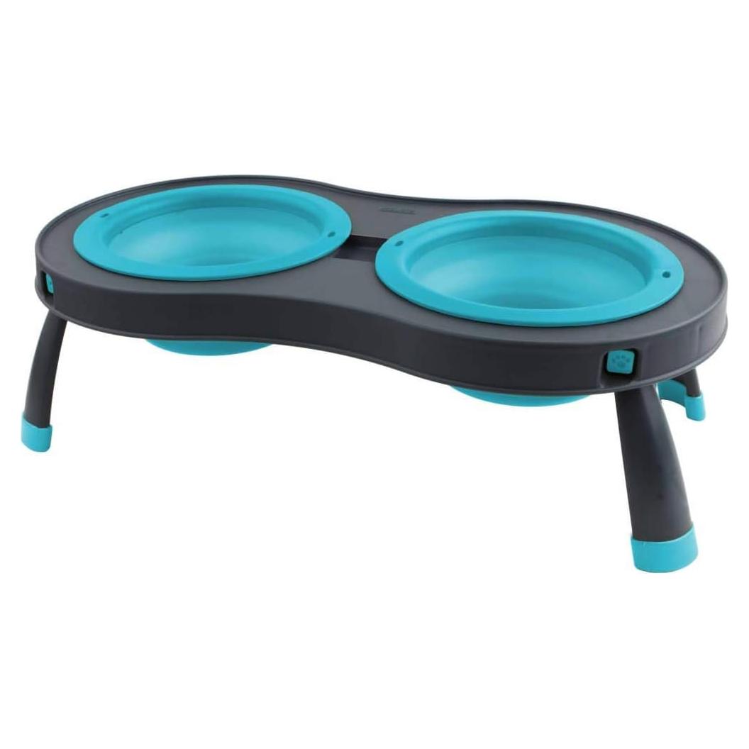 Comedero Elevado Doble Dexas para Mascotas Pequeñas Gris/Azul