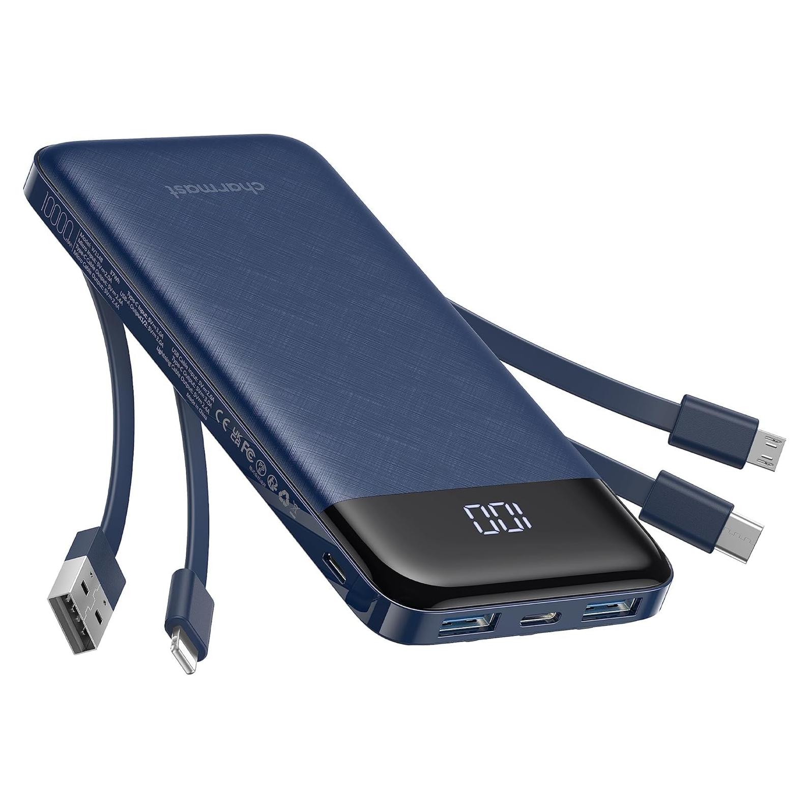 Cargador Portátil Charmast 10000mAh 6 Salidas Cables Integrados