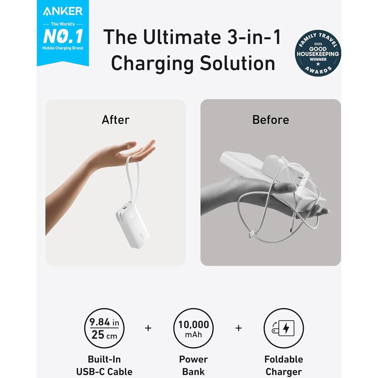 Cargador Portátil Anker 3-en-1 10,000mAh USB-C Plegable