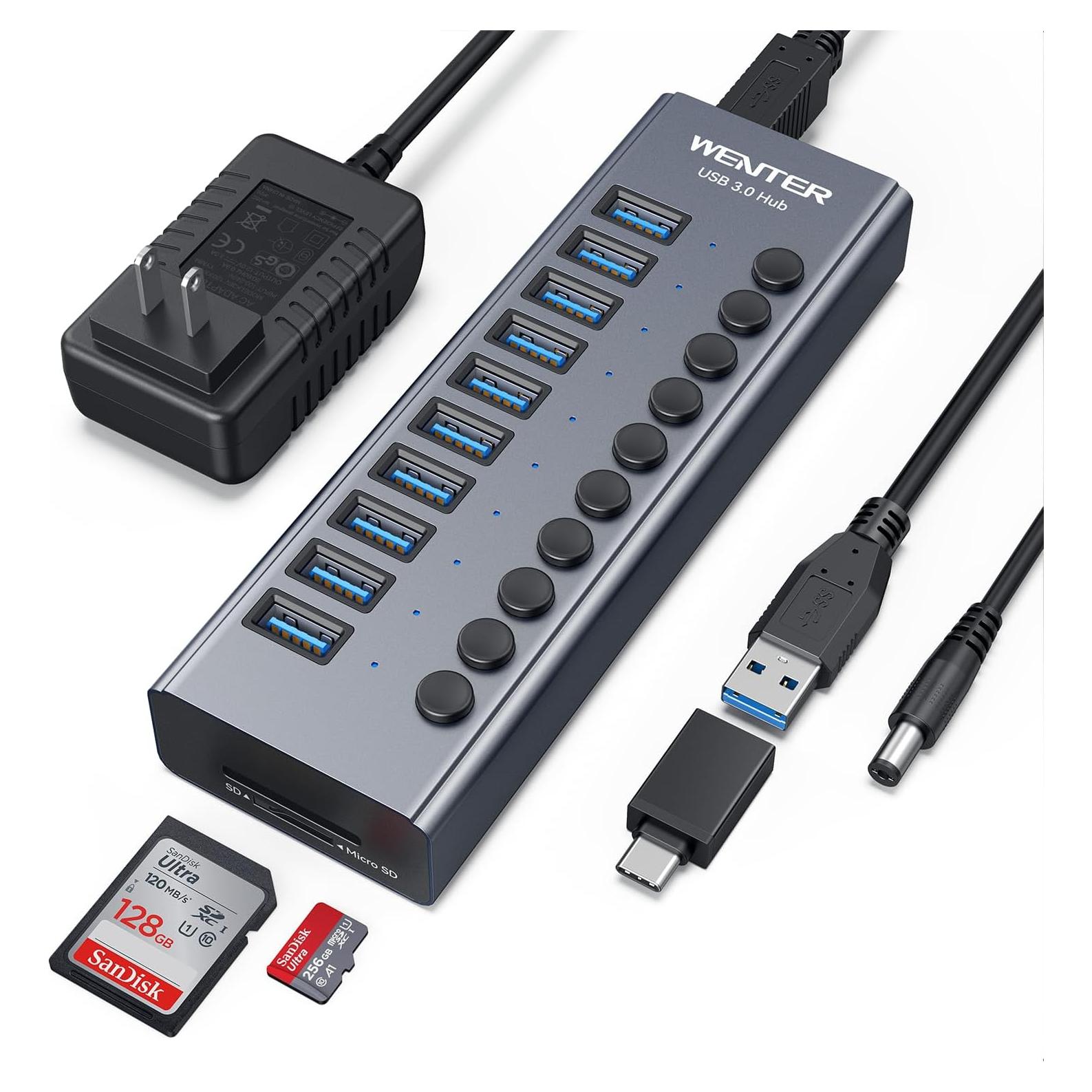 Hub USB 3.0 Alimentado Wenter 10 Puertos con Lectores SD/TF