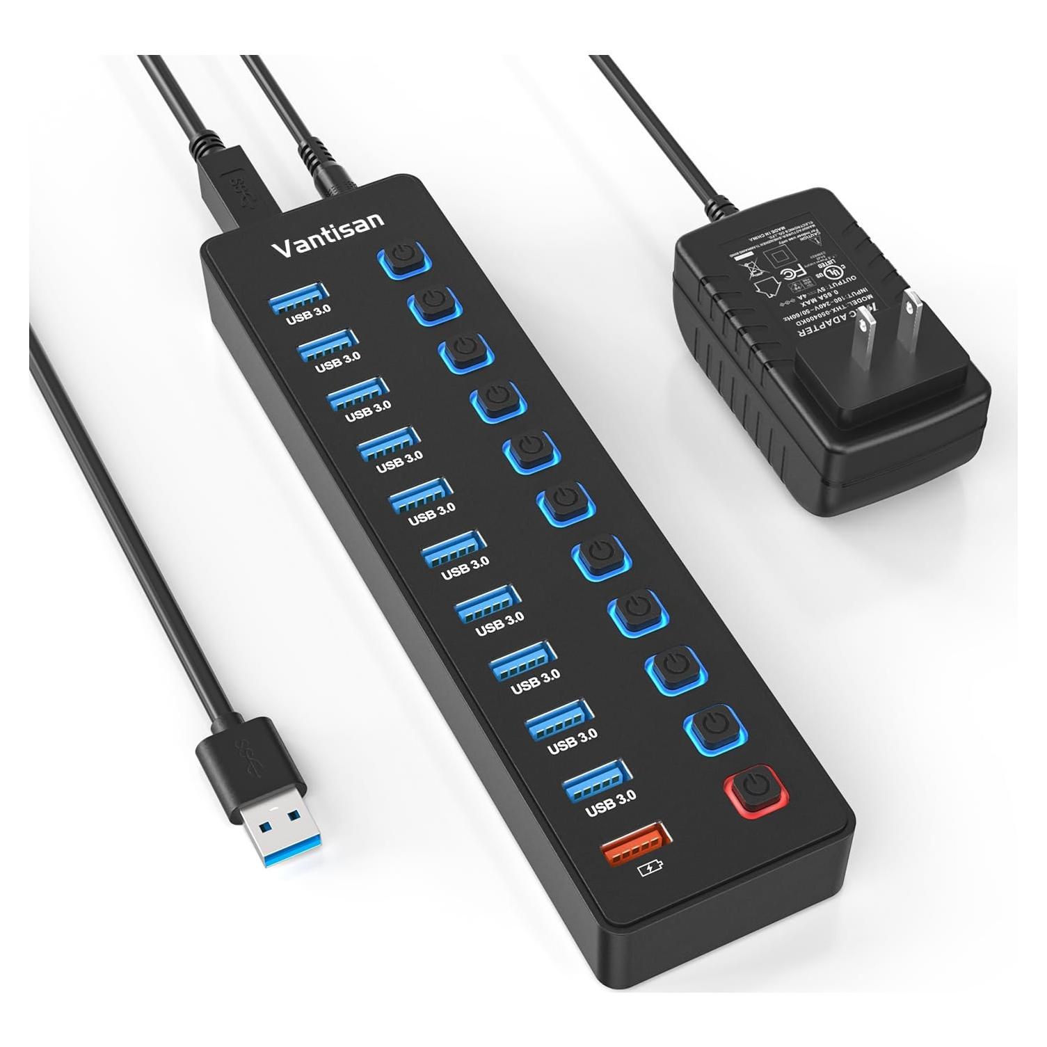 Hub USB 3.0 Alimentado 11 Puertos con Carga Rápida 5V 4A