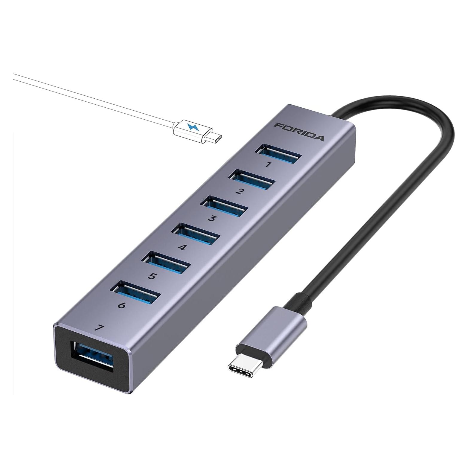 Hub USB C FORIDA 8 Puertos 3.0 con Carga 5V/3A - Aluminio