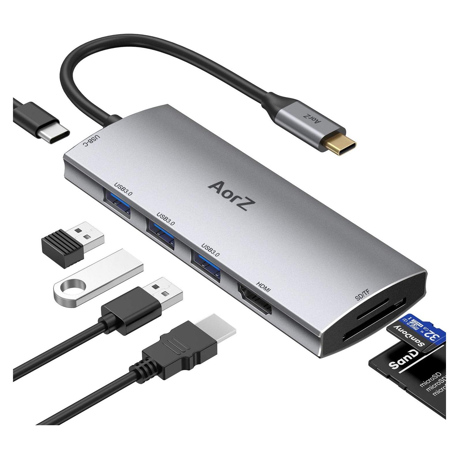 Hub USB C AorZ 7 en 1 con HDMI 4K, 3 USB 3.0, Carga 100W