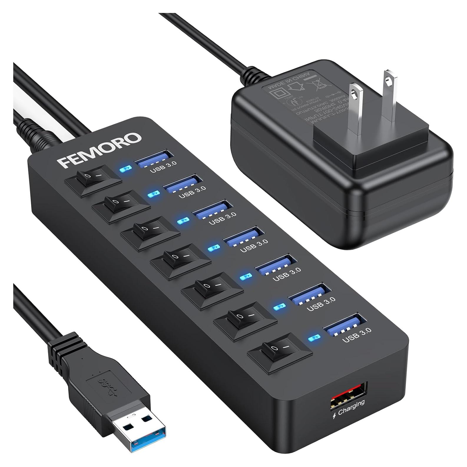 Hub USB 3.0 Alimentado FEMORO 7 Puertos 12W Carga Adaptador