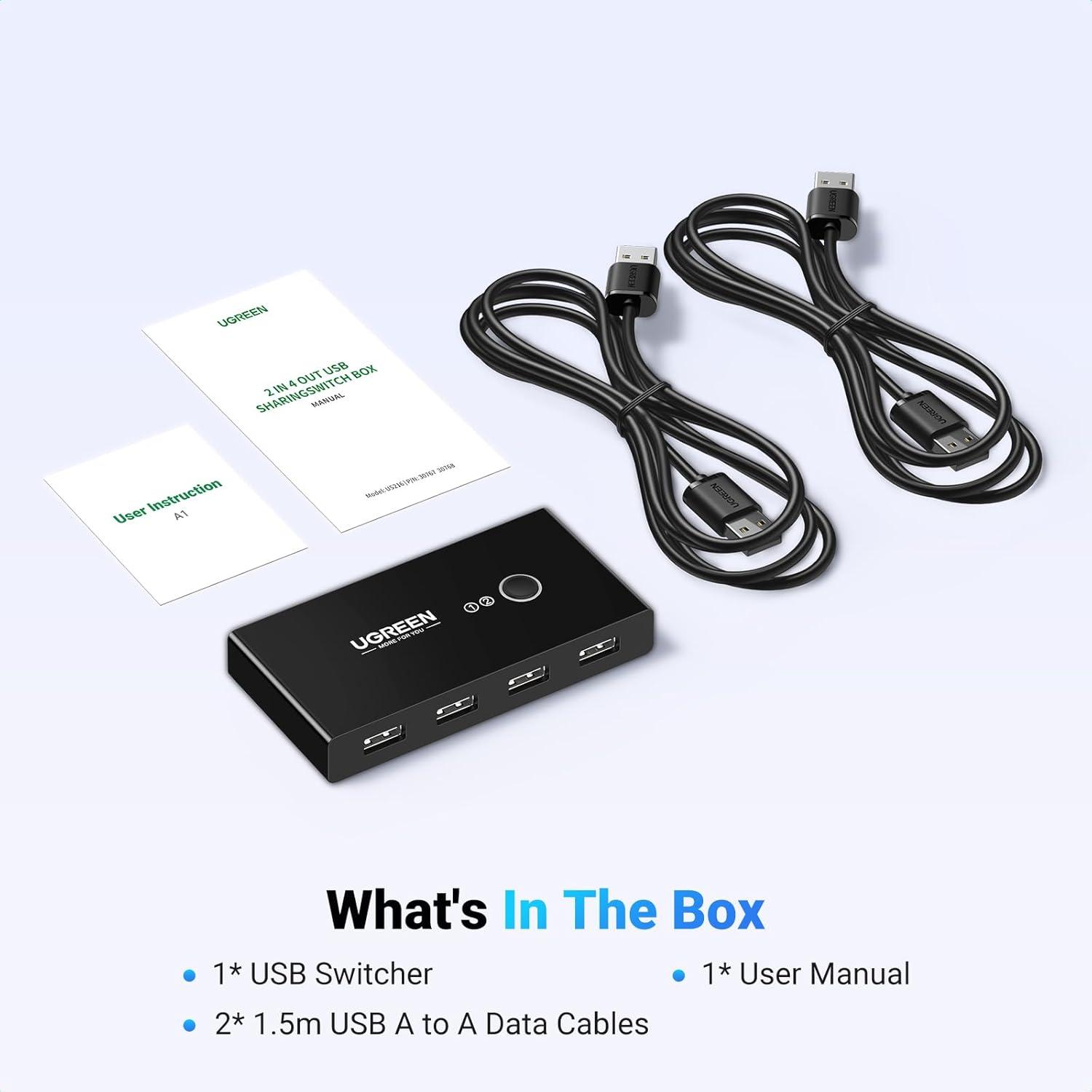 UGREEN Interruptor USB 2.0 4 Puertos para 2 Computadoras