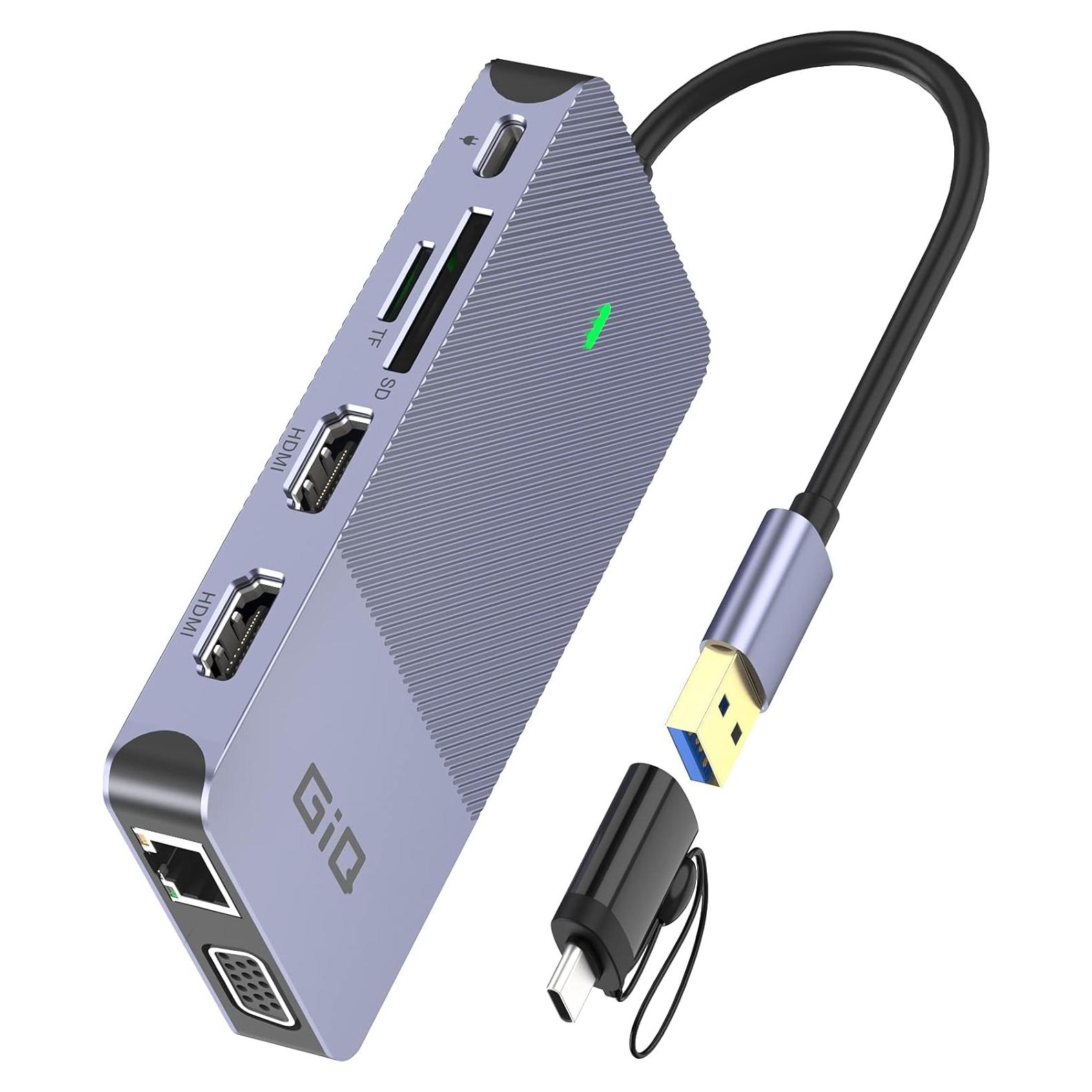 Estación de Acoplamiento USB C GIQ D3908 HDMI VGA 11 en 1 Gris