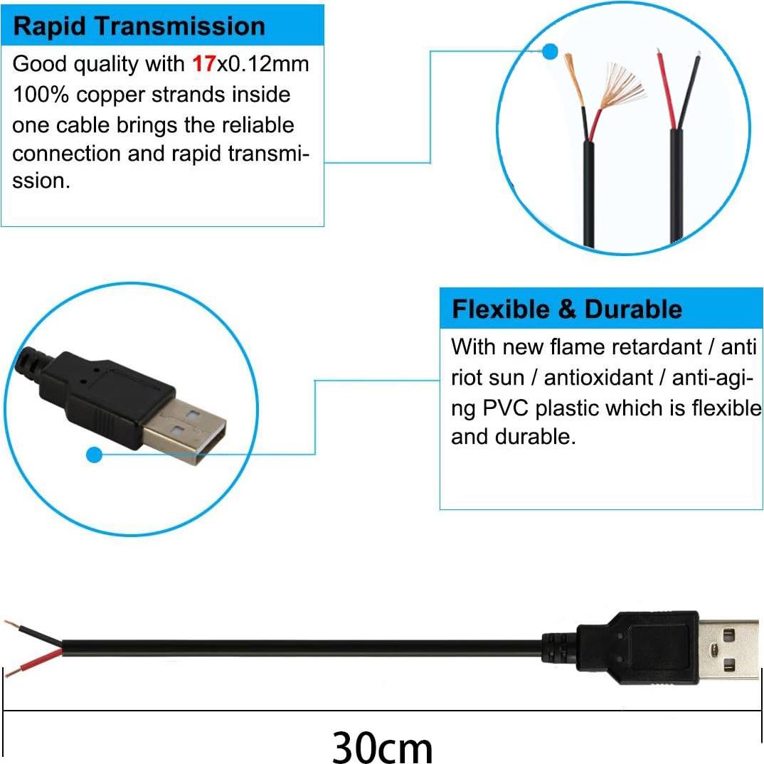 5 Piezas Cable Pigtail USB 2.0 Macho 30cm 22AWG 3A Jienk