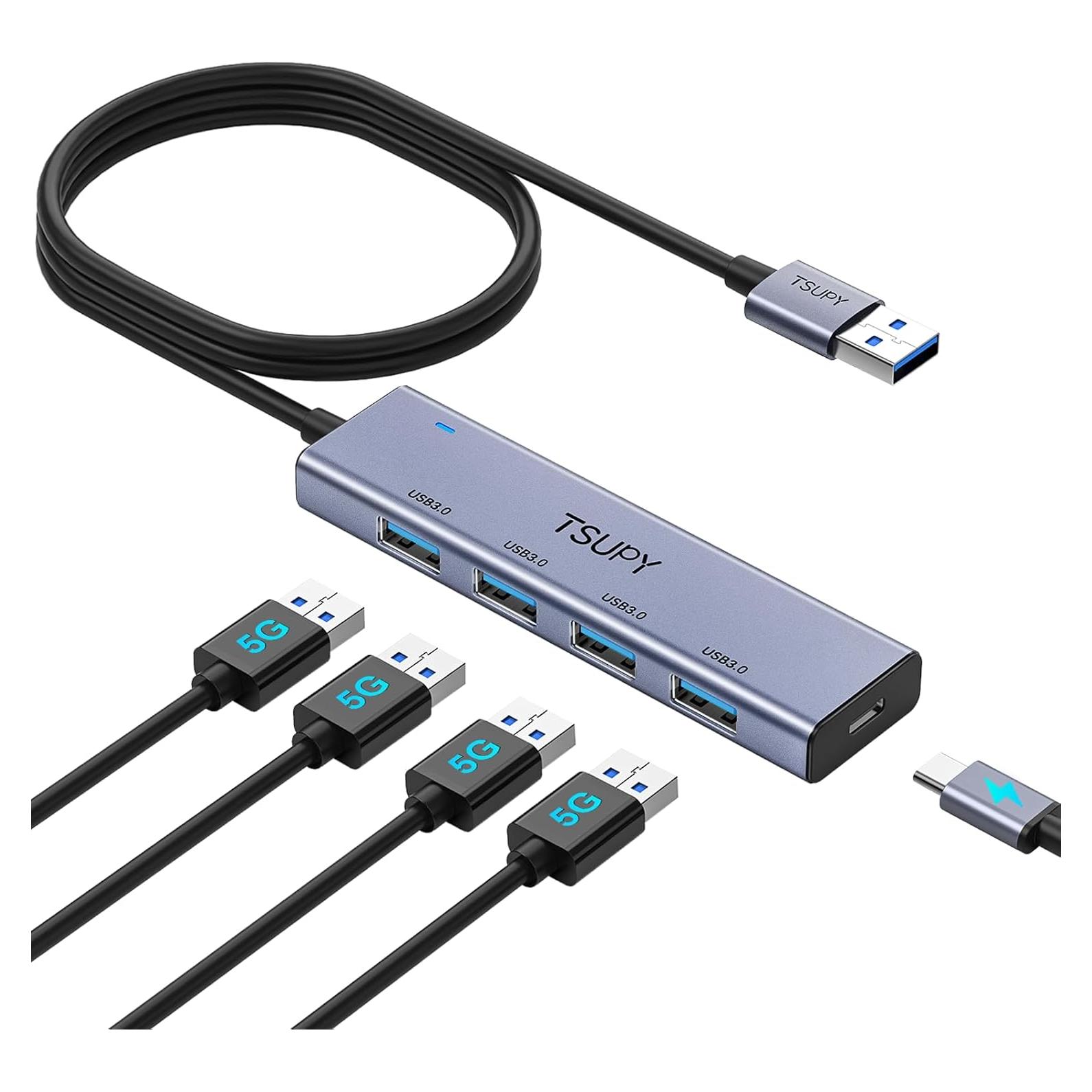 HUB USB 3.0 TSUPY 5 Puertos Aluminio 1.2m Cable Extendido