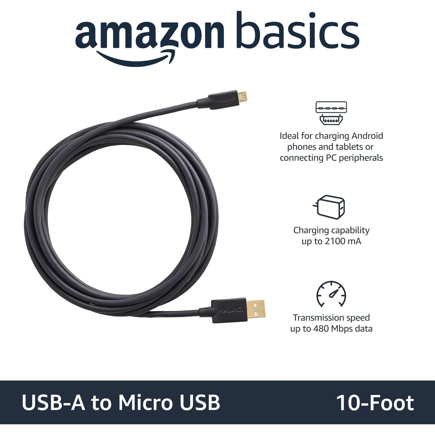 Cable USB 2.0 Amazon Basics A-Macho a Micro B 3.05m Negro