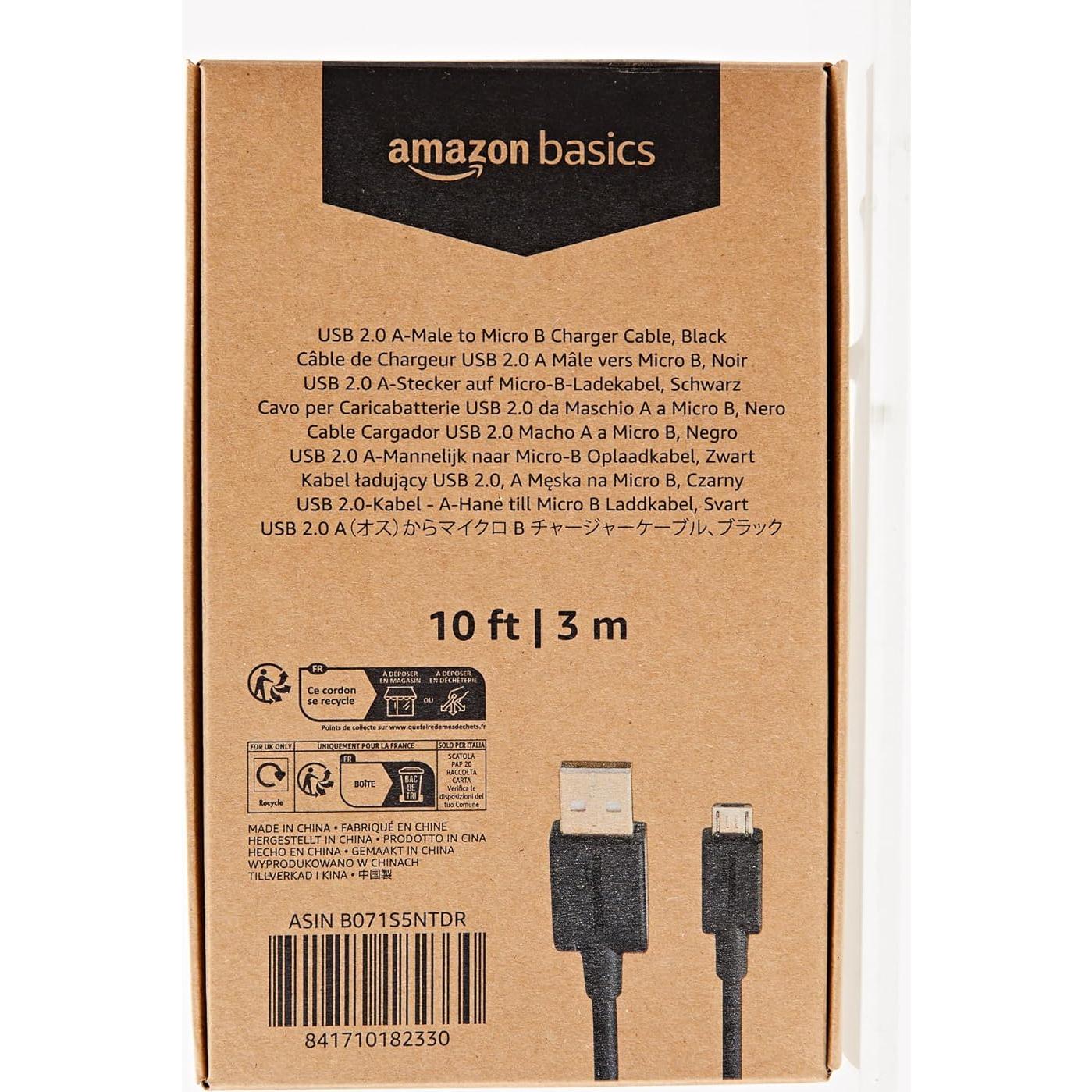 Cable USB 2.0 Amazon Basics A-Macho a Micro B 3.05m Negro