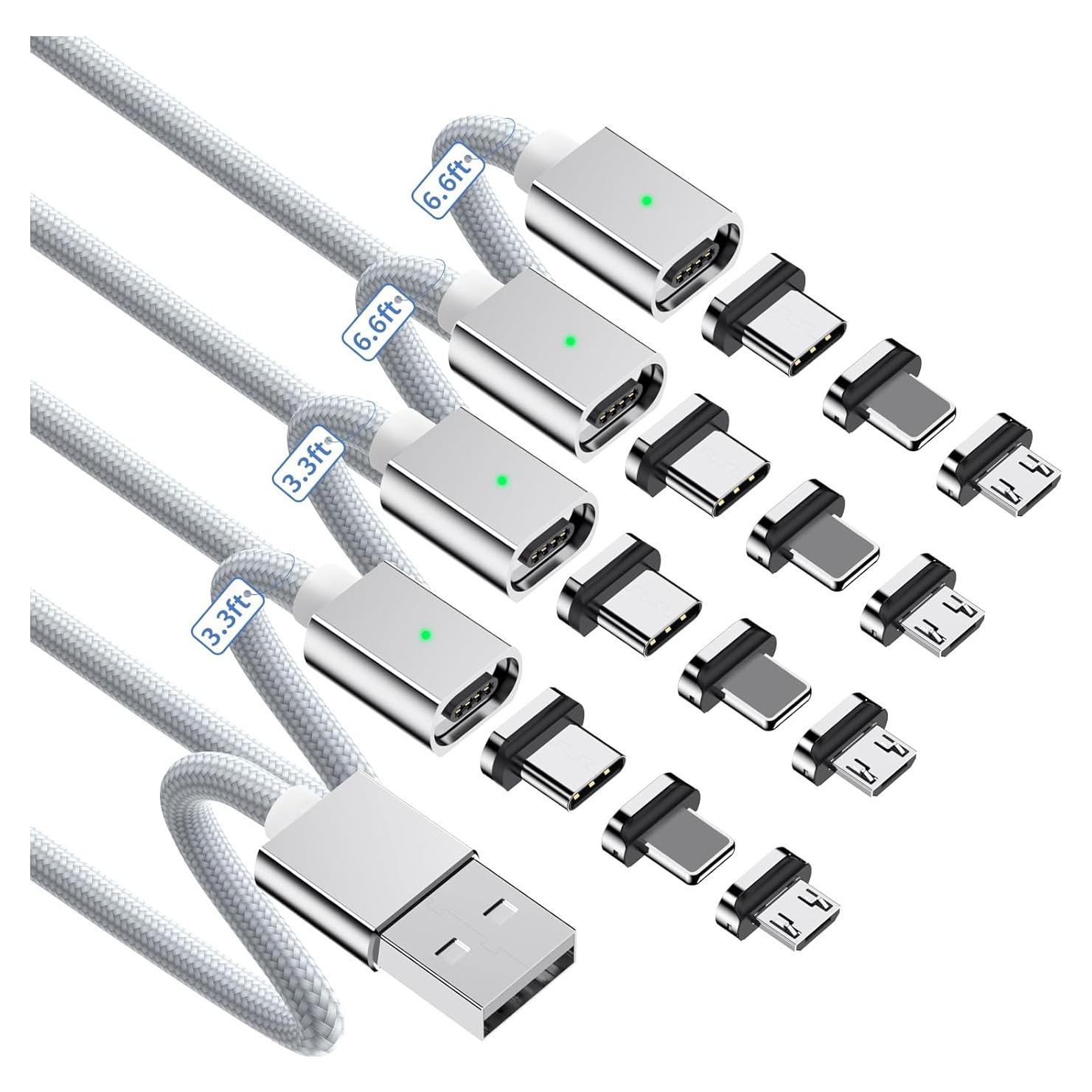 Cable de Carga Magnético ZBF 3A 4-Pack 1-2 m USB C Micro USB