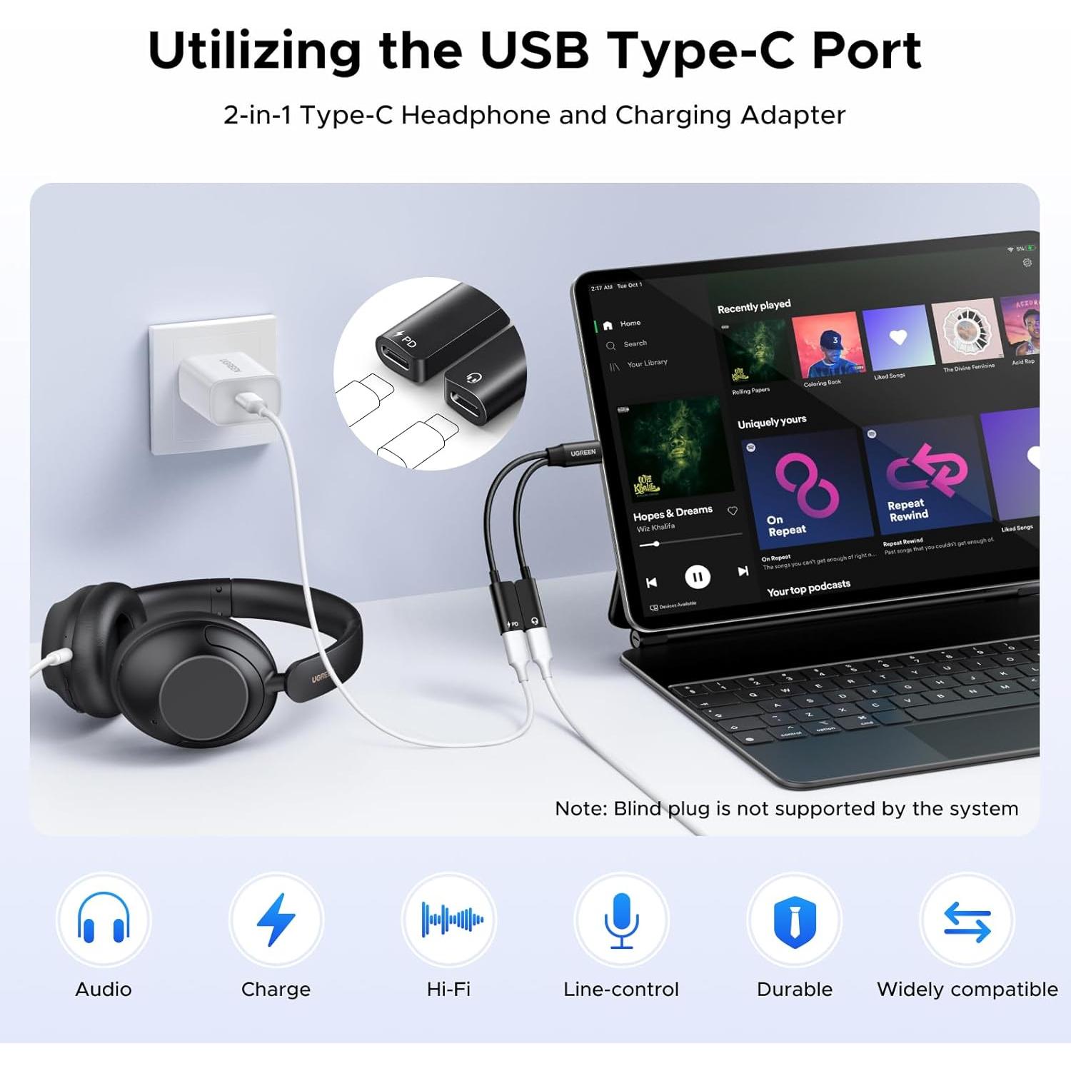 Adaptador USB C UGREEN 1 en 2 Audio y Carga 60W PD