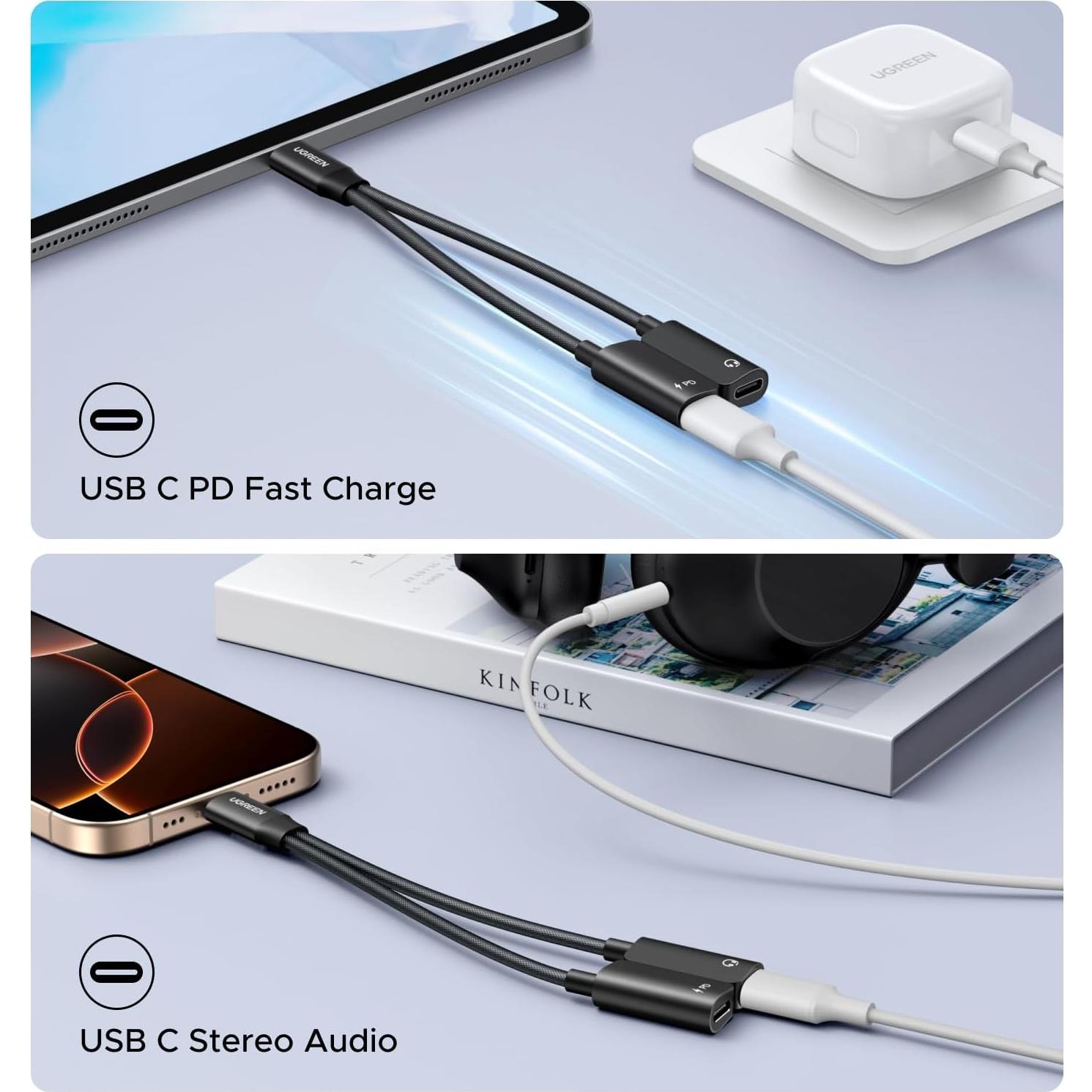 Adaptador USB C UGREEN 1 en 2 Audio y Carga 60W PD