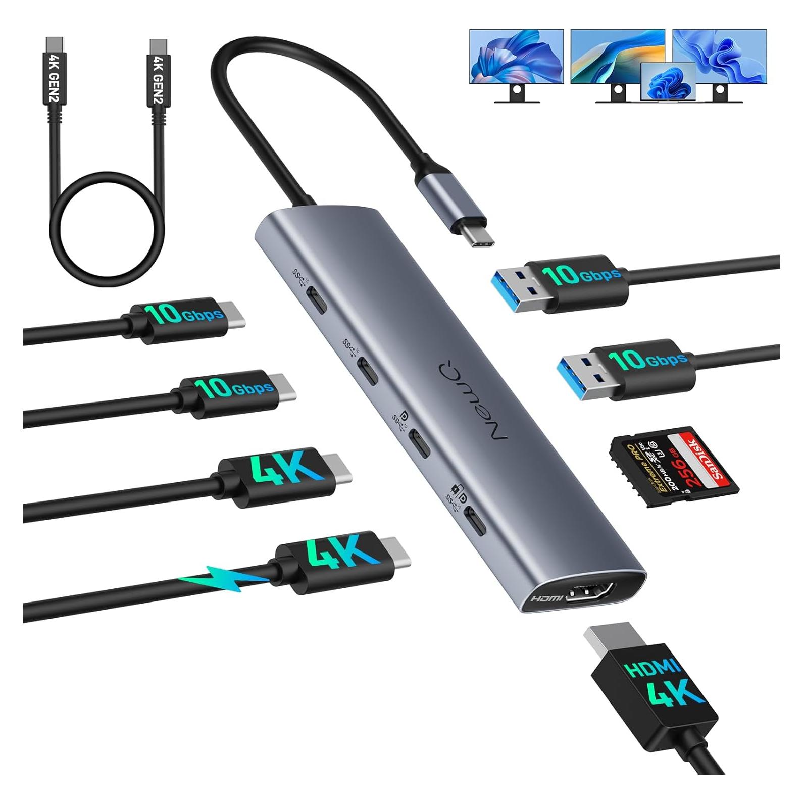 Hub USB-C NewQ para Monitores Duales 4K, 10Gbps, 6 Puertos