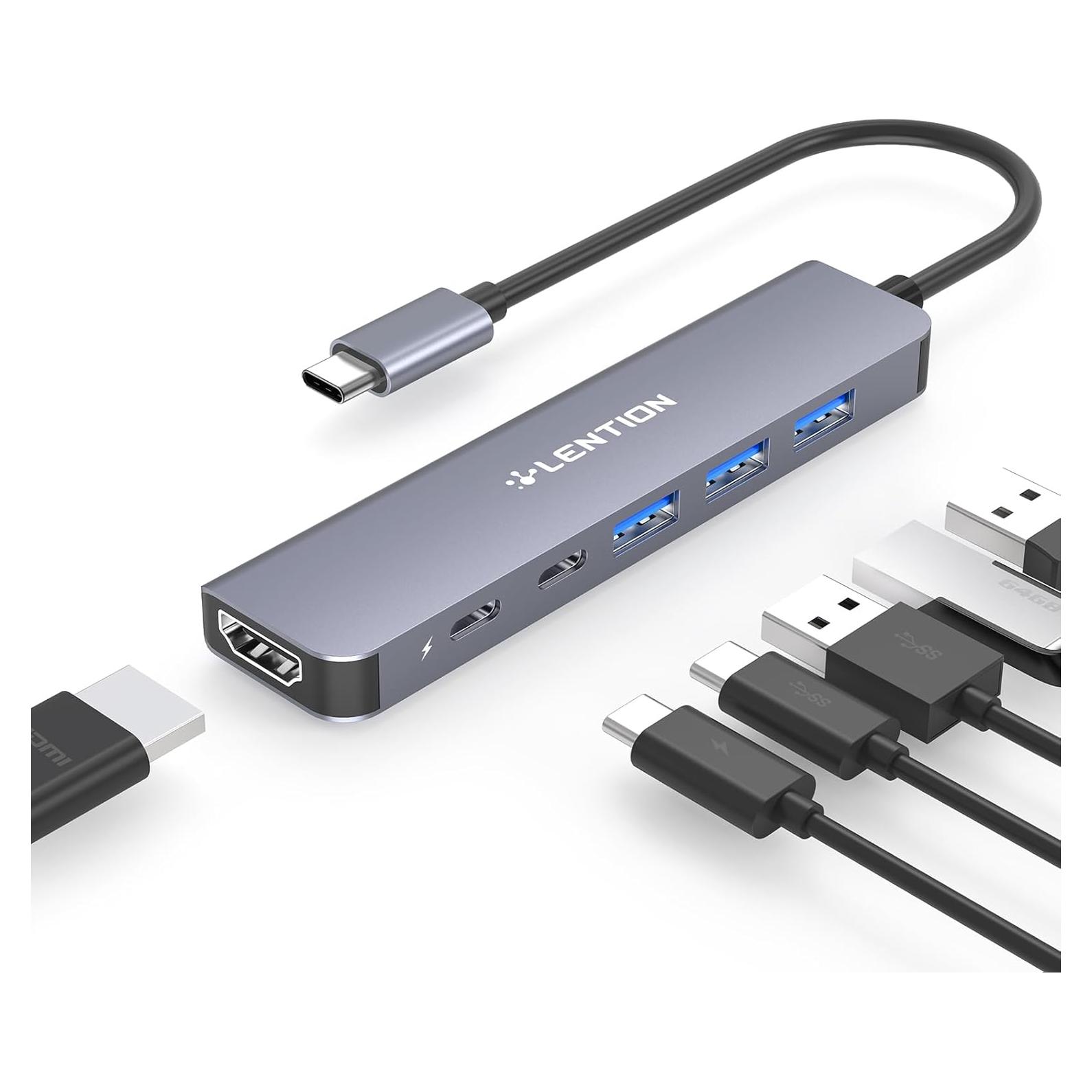Hub USB C Lention CE35s 6 en 1 con HDMI 4K y 3 USB-A