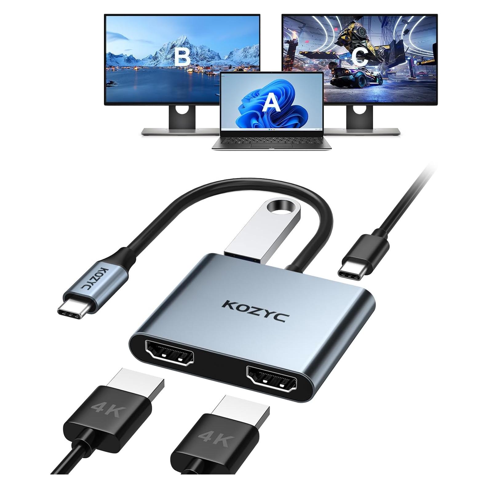 Adaptador USB C a Doble HDMI 4K KOZYC Hub 4 en 1 Plata