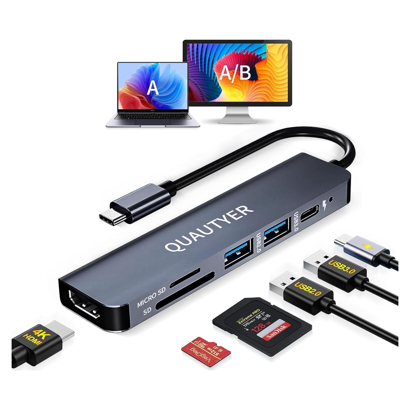 Adaptador Multiport USB C QUATYER 6 en 1 HDMI 4K 100W PD