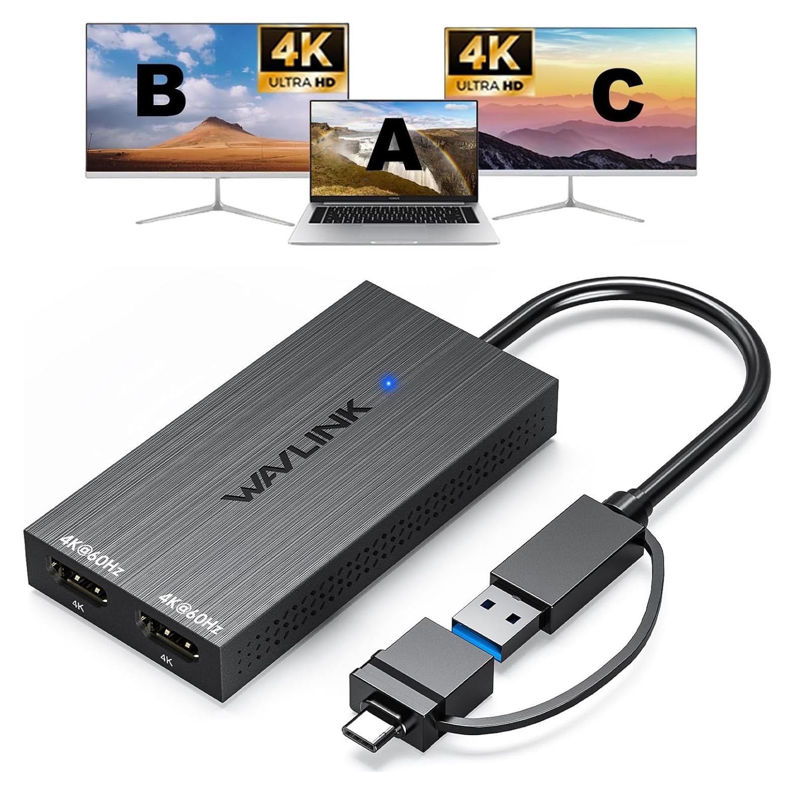 Adaptador WAVLINK USB 3.0 y USB C a Doble HDMI 4K 60Hz