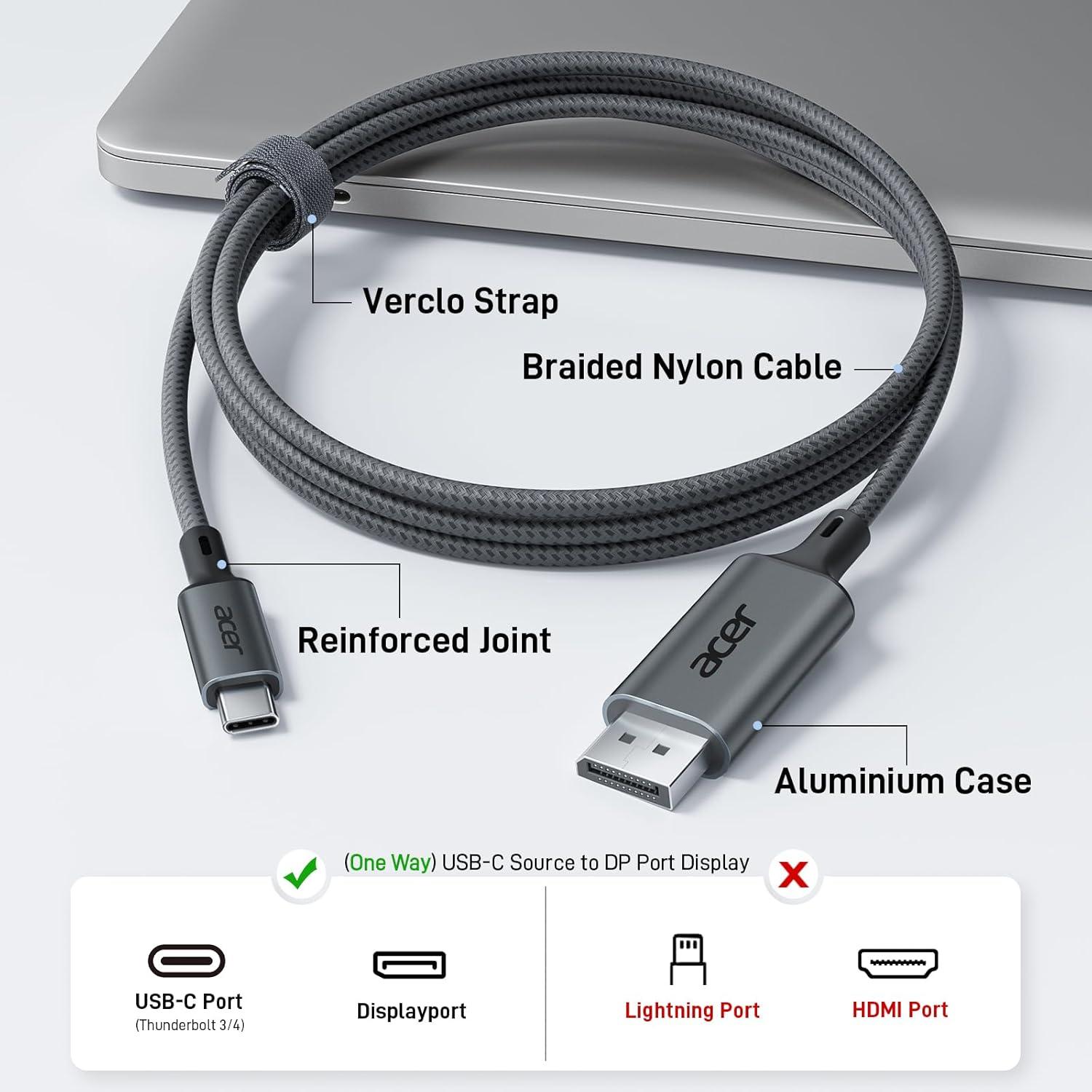 Cable USB C a DisplayPort 2.01m 4K 60Hz Thunderbolt 3/4 Acer