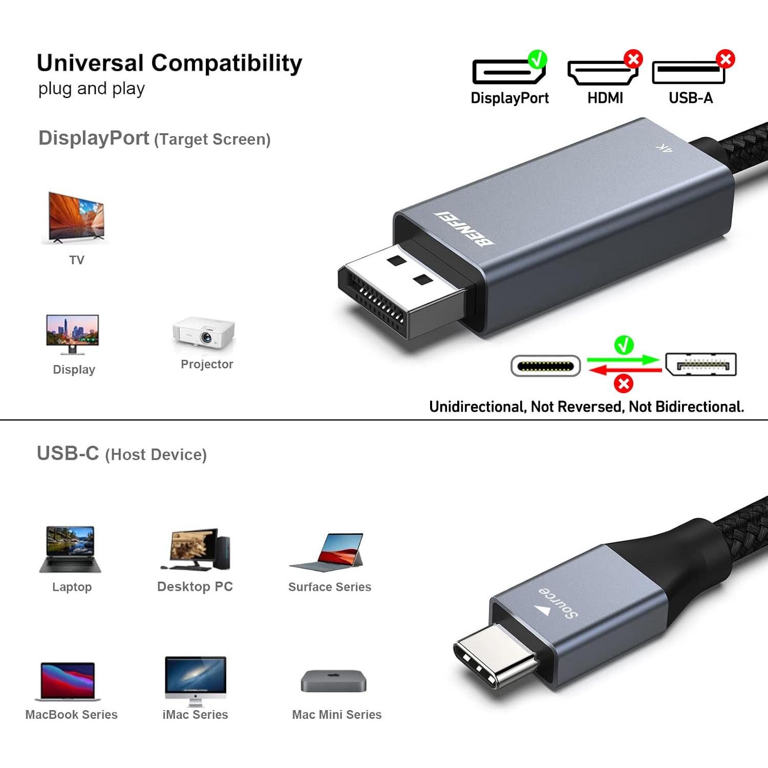 Cable USB-C a DisplayPort BENFEI 1.83m 4K@60Hz Compatible