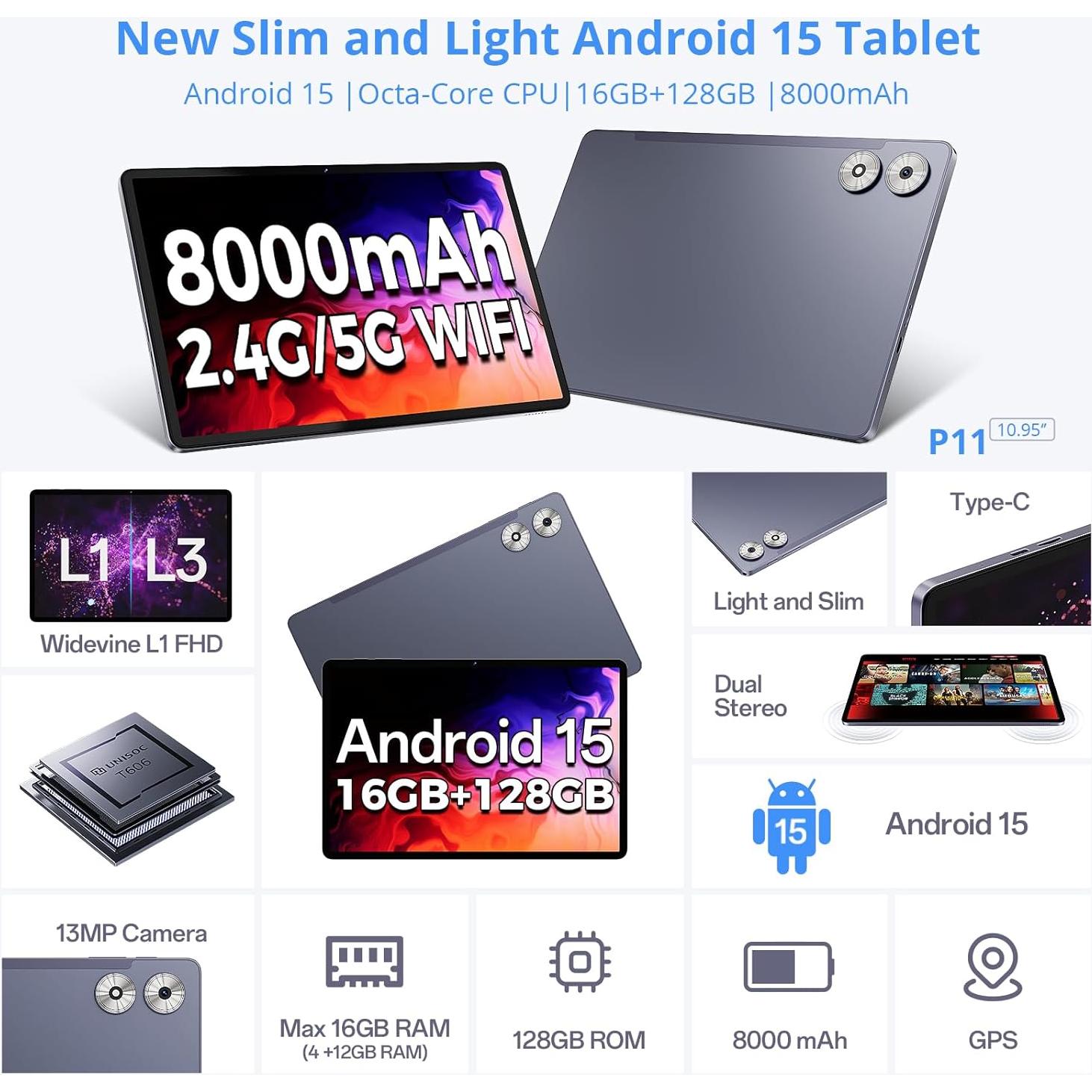 Tableta Android 15 Genérico 11" 16GB RAM 128GB Doble Cámara