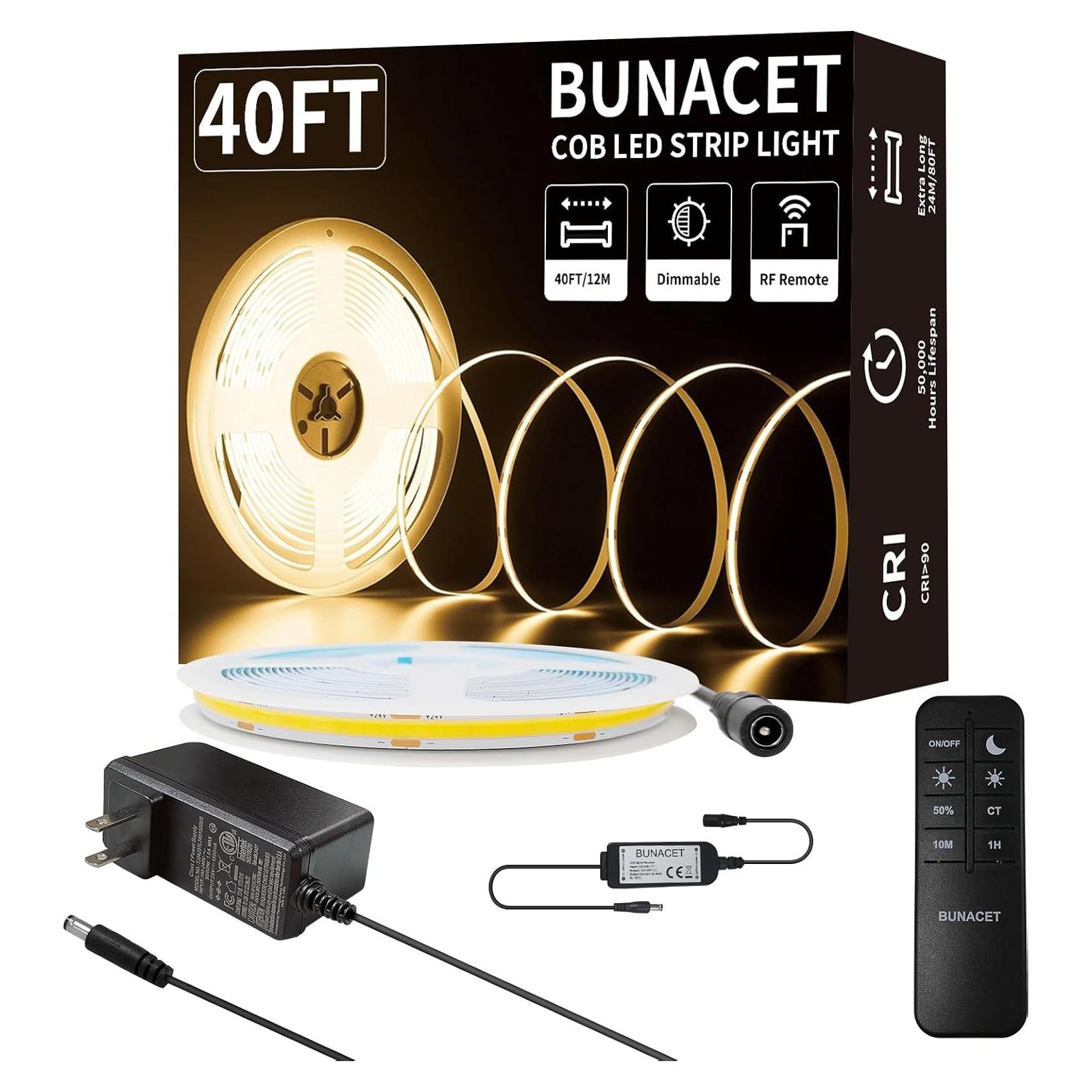 Tira de luz LED COB 12m BUNACET Blanco cálido 3000K con control remoto