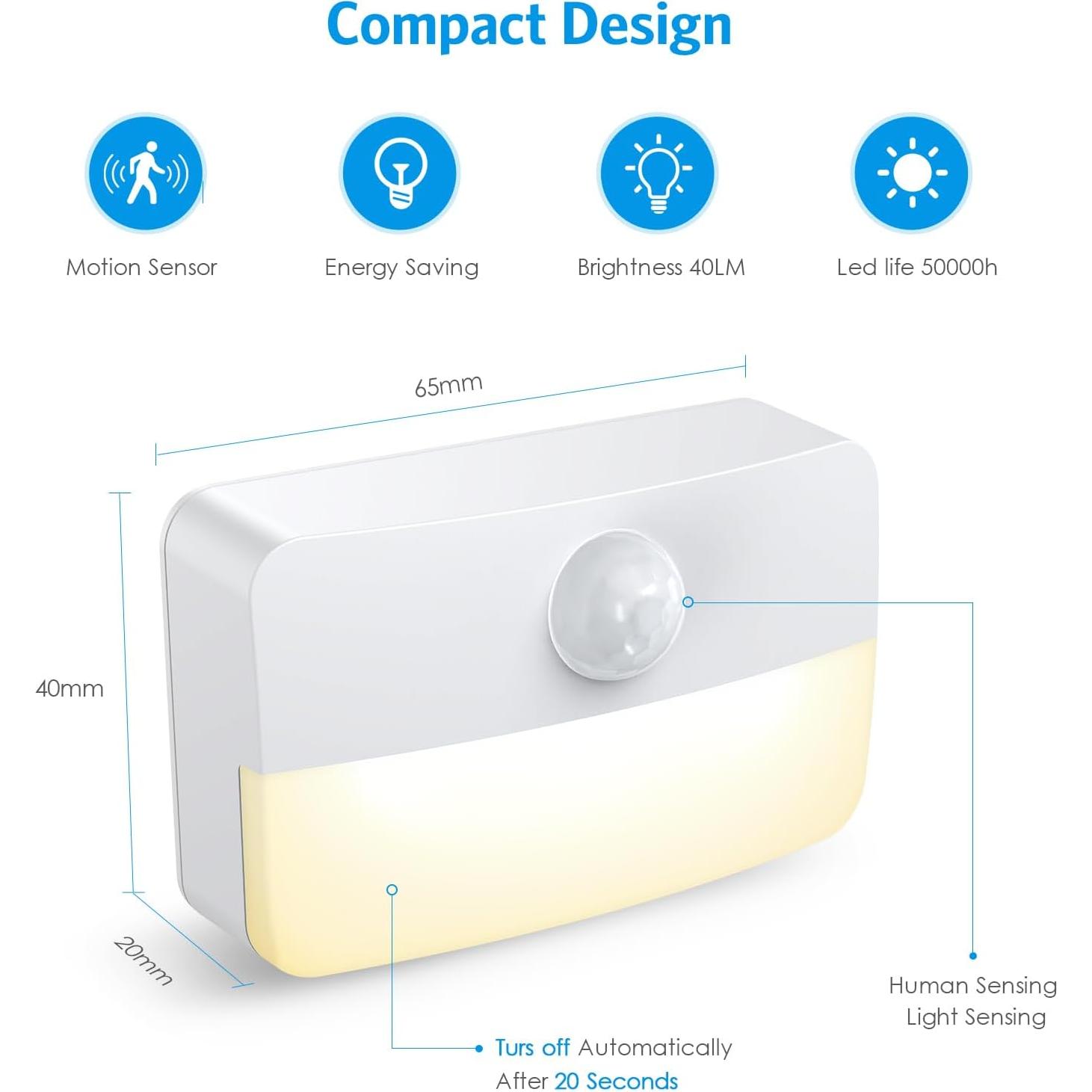Luz de Escalera LED AMIR con Sensor de Movimiento 2 Pcs 40 Lúmenes