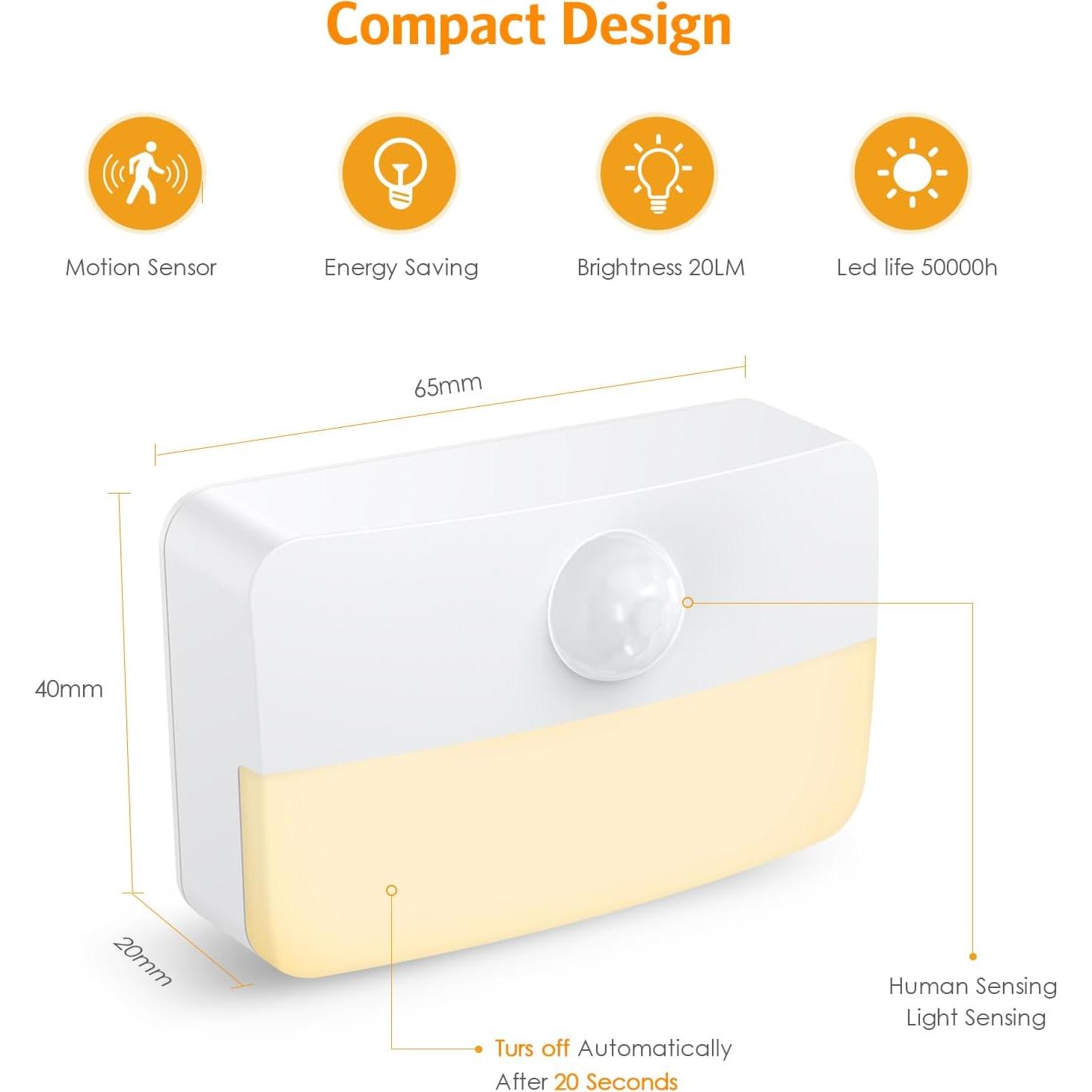 2 Pack Luz Nocturna Sensor de Movimiento JXTZ 3000K Adhesiva