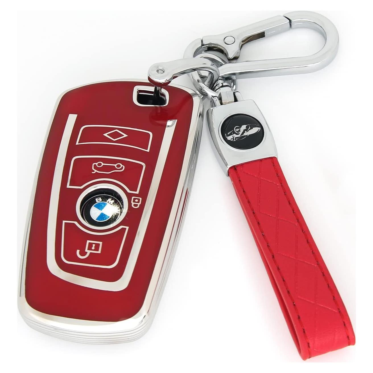 Funda de llave TPU para BMW + llavero de piel roja