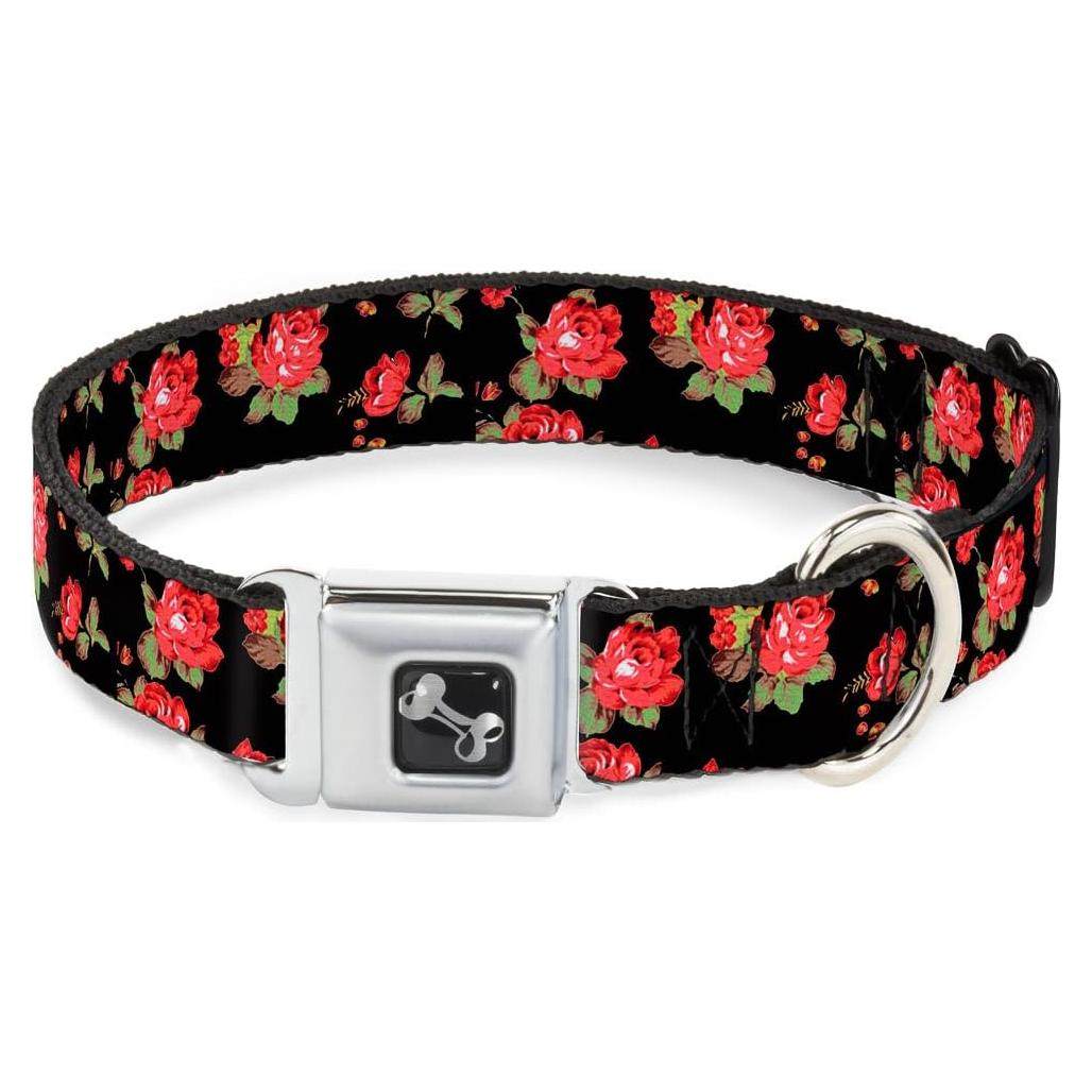 Collar para Perro Buckle-Down - Rosas Rojas en Negro - 2.54 cm