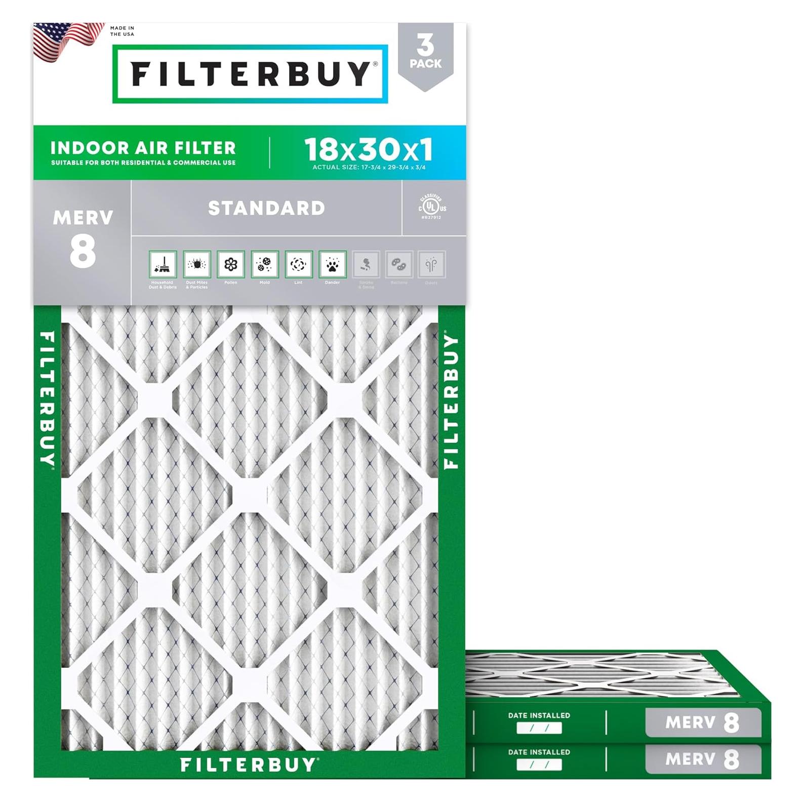 Filtro de aire Filterbuy 18x30x1 MERV 8 - Paquete de 3