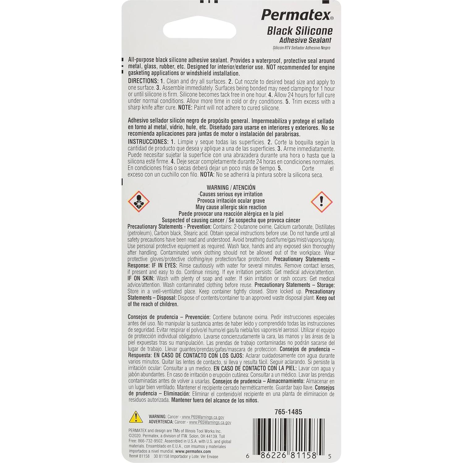 Sellador Adhesivo de Silicona Negra Permatex 85 g - RTV Multifuncional