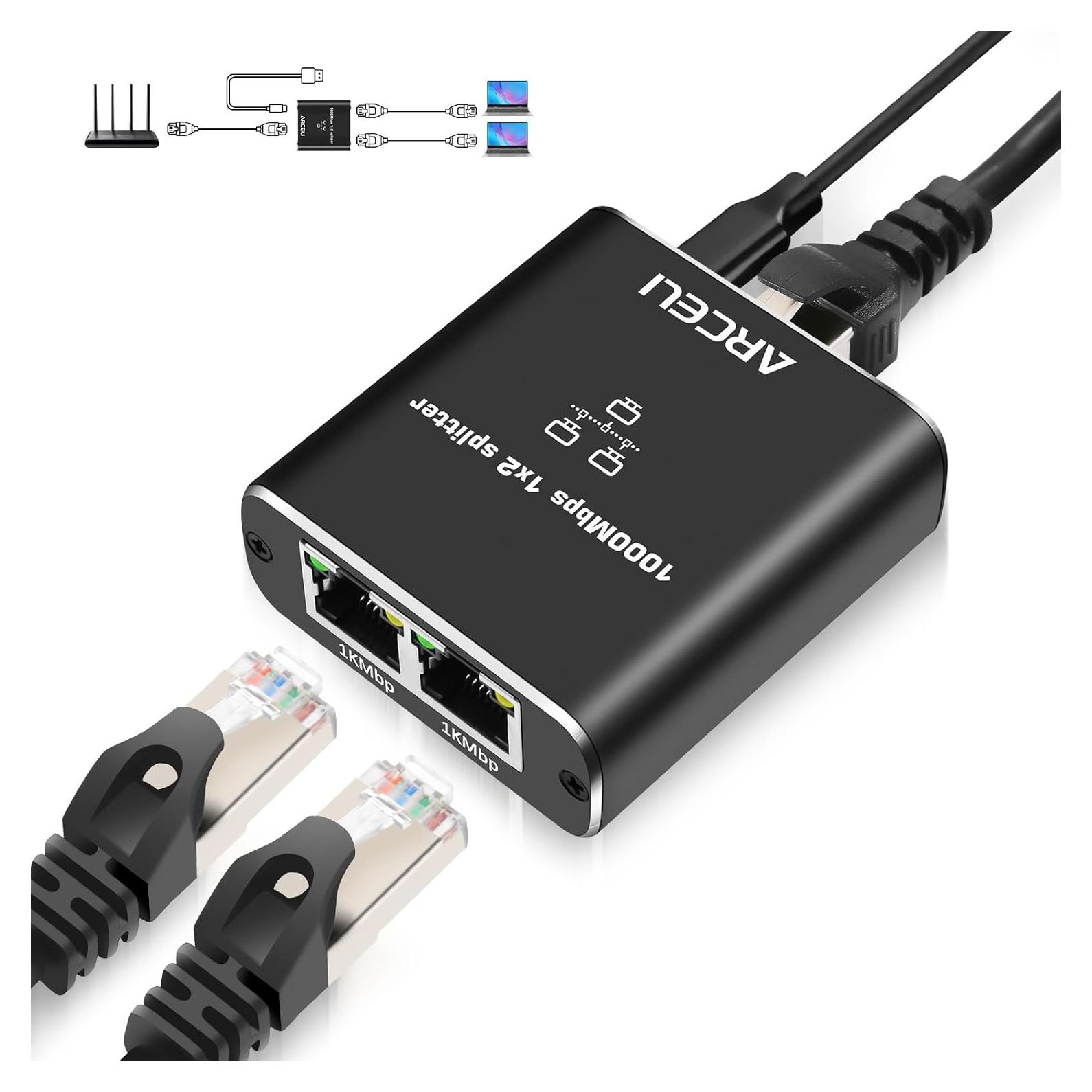 Divisor Ethernet Gigabit 1 a 2 Arceli con Cable Cat 6