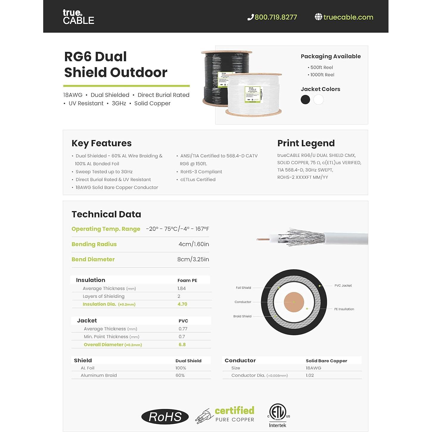 Cable Coaxial RG6 Exterior Doble Blindaje trueCABLE 1000ft