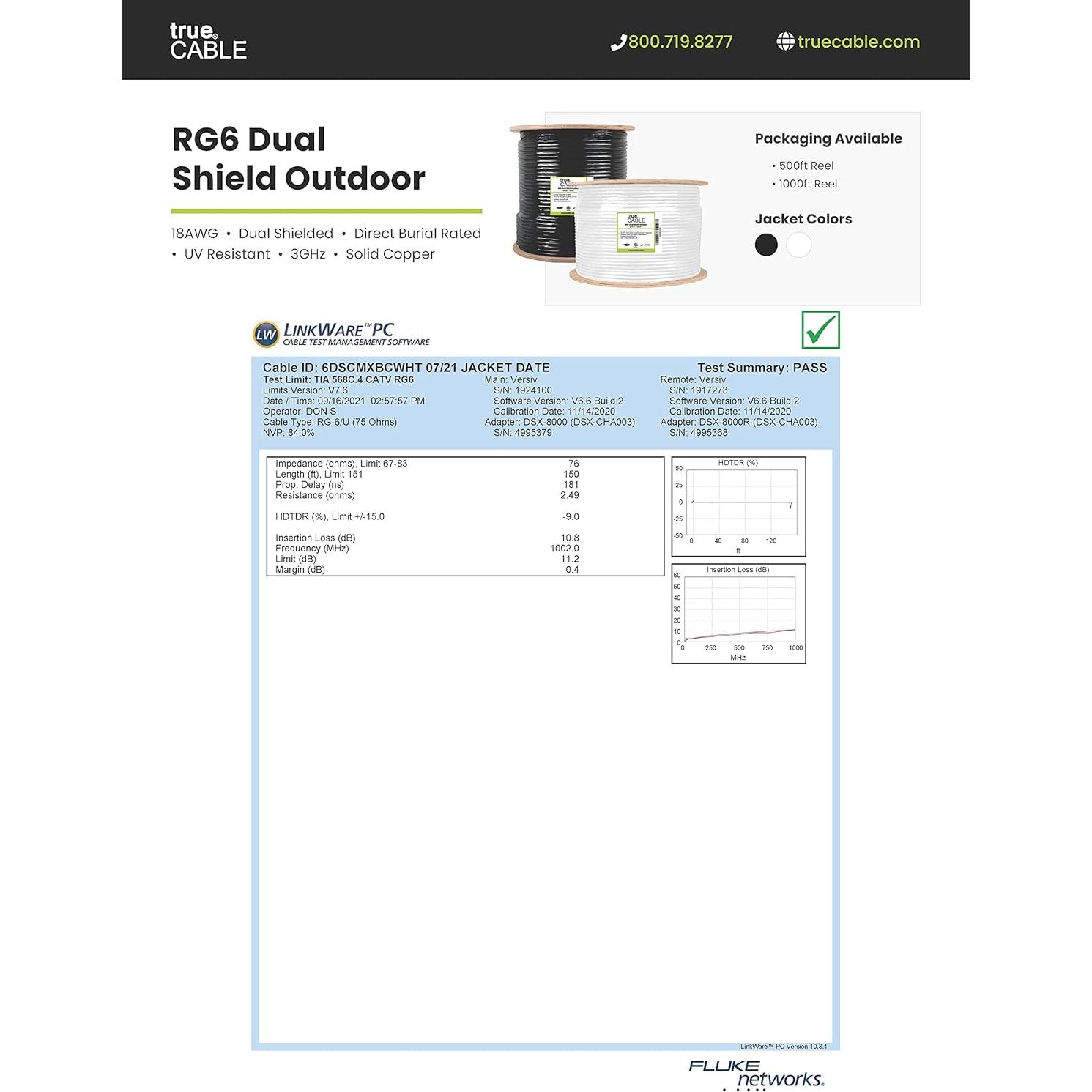 Cable Coaxial RG6 Exterior Doble Blindaje trueCABLE 1000ft