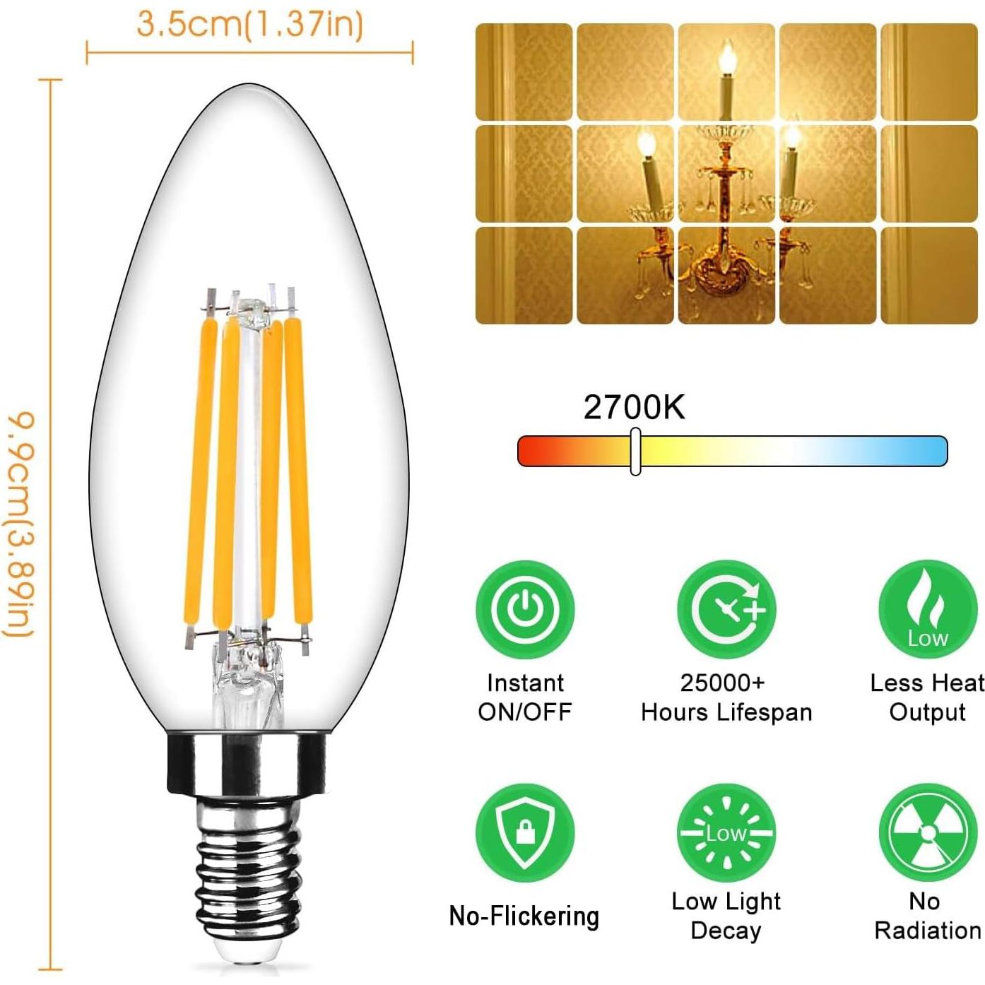 Paquete de 12 Bombillas LED E12 4W 2700K Candelabro Hueliv
