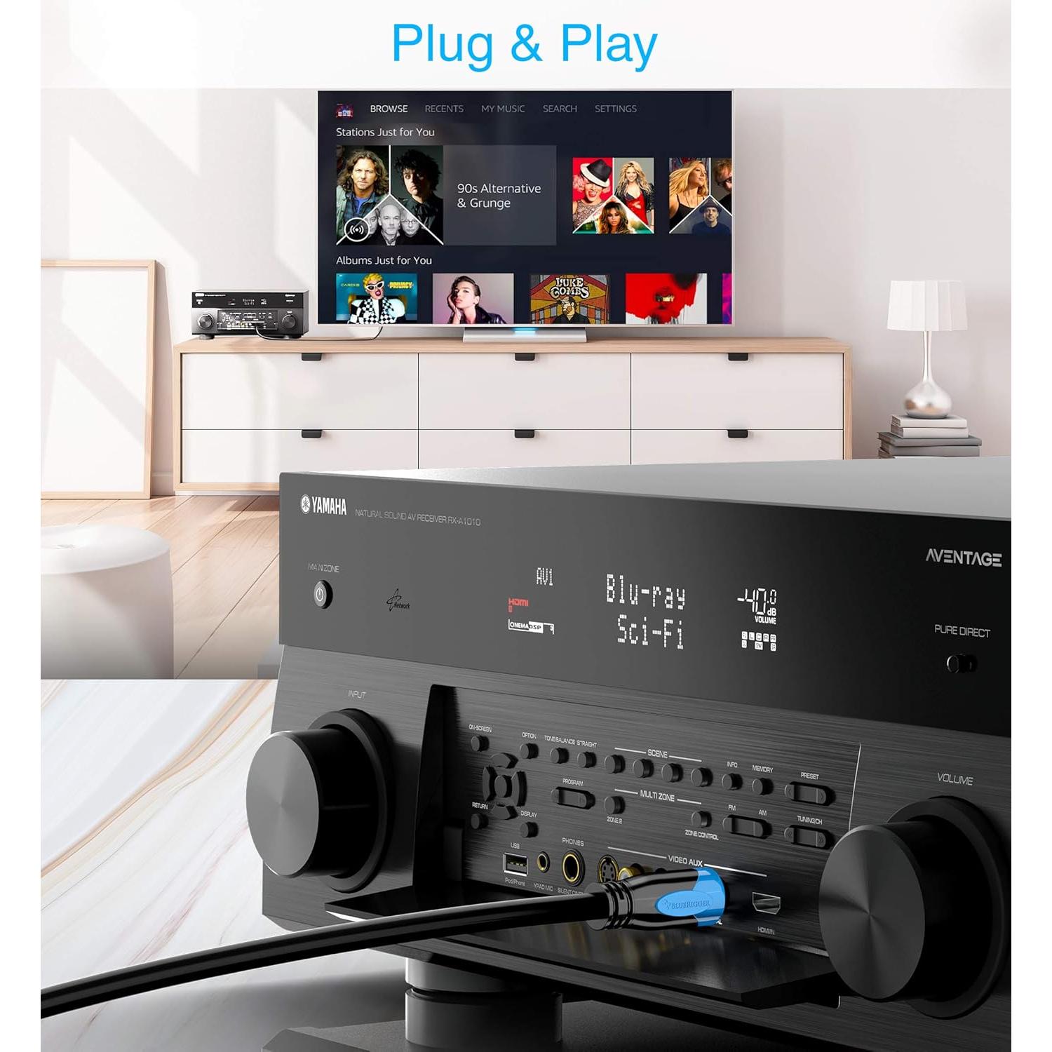 Cable de Audio Óptico Digital Toslink BlueRigger 15.24m - Baño de Oro 24K