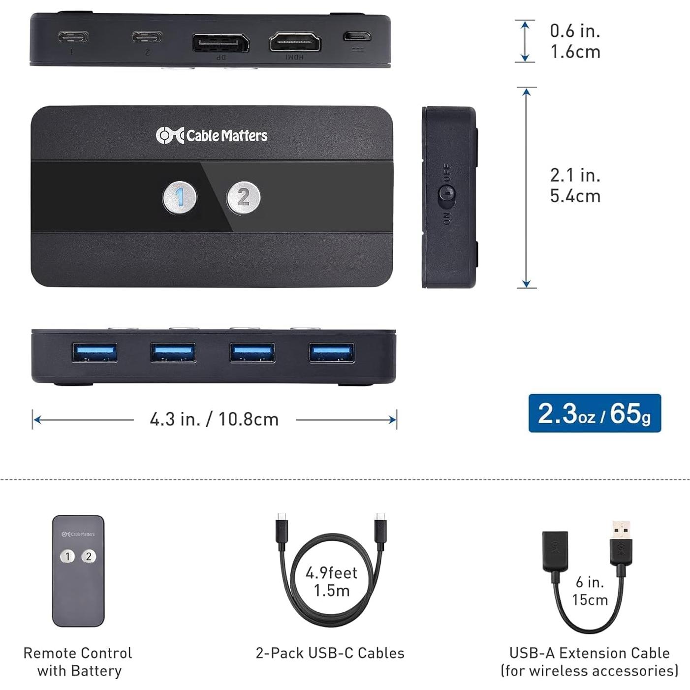 Interruptor KVM USB-C Cable Matters 4K 60Hz para 2 PCs