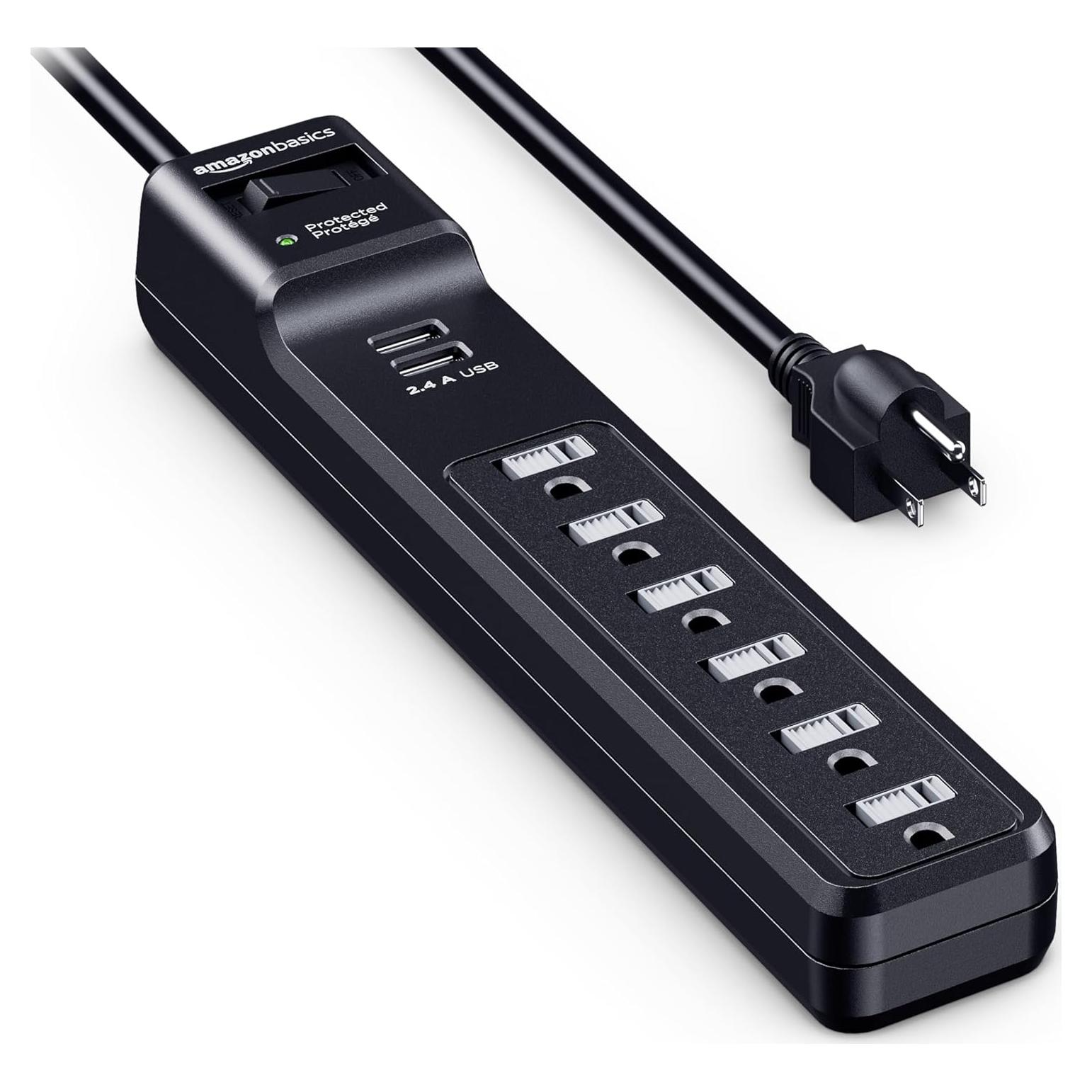 Protector de Sobretensión Amazon Basics 6 Salidas 1000 Julios 1.83m Negro